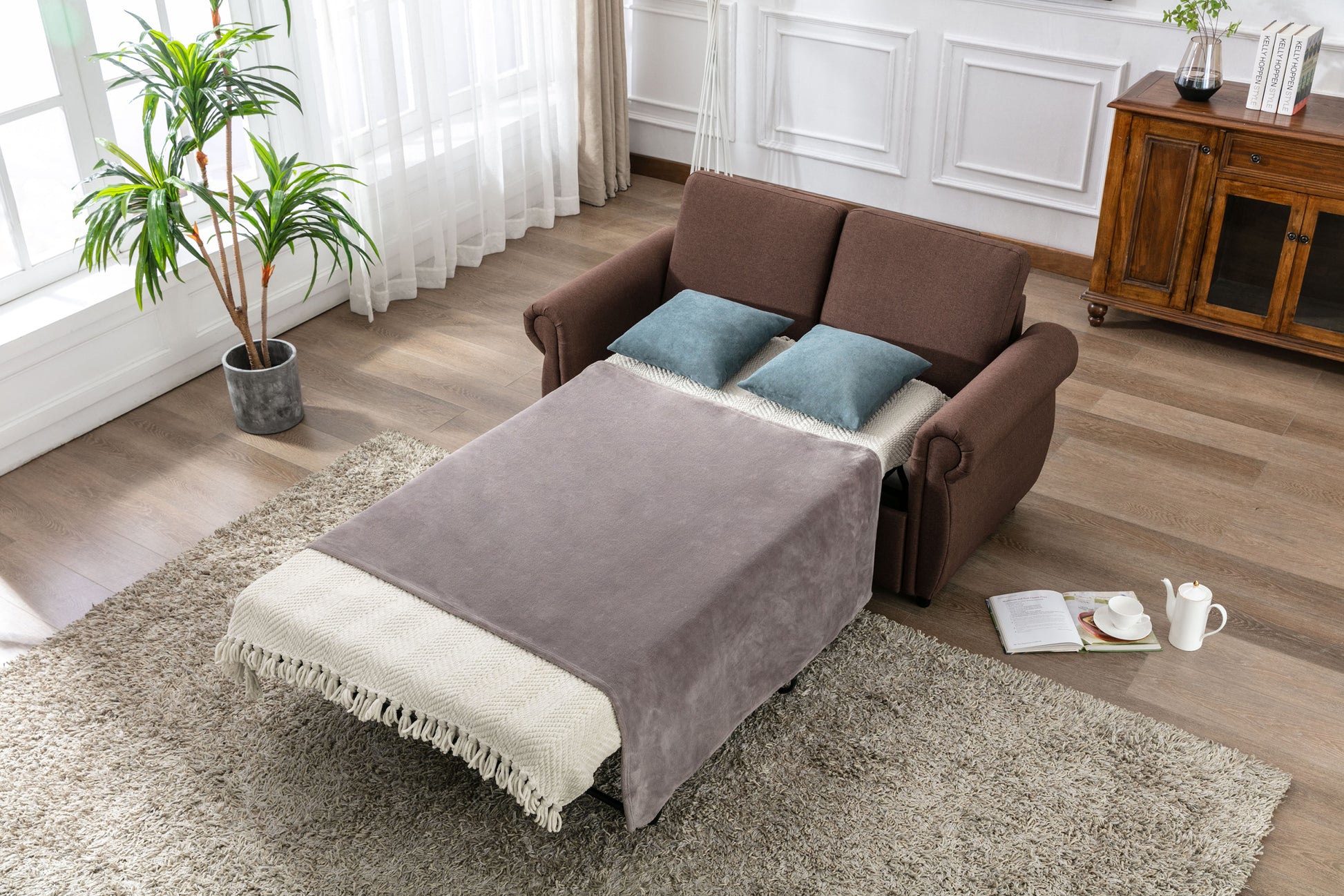 57.5" Orisfur Pull Out Sofa Bed Loveseat Sleeper With Twin Size Memory Mattress For Living Room Spaces, Brown Brown Foam Linen