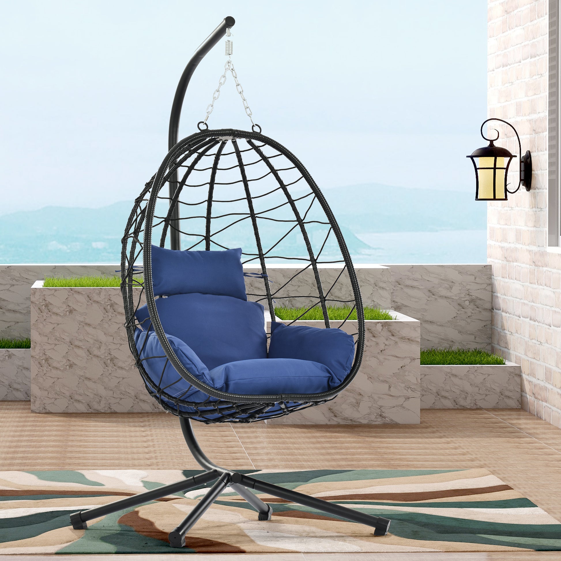 Egg Chair With Stand Indoor Outdoor Swing Chair Patio Wicker Hanging Egg Chair Hanging Basket Chair Hammock Chair With Stand For Bedroom Living Room Balcony Yes Complete Patio Set Navy Blue Water