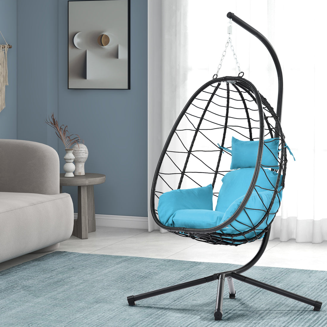 Egg Chair With Stand Indoor Outdoor Swing Chair Patio Wicker Hanging Egg Chair Hanging Basket Chair Hammock Chair With Stand For Bedroom Living Room Balcony Yes Sectional Light Blue Water Resistant