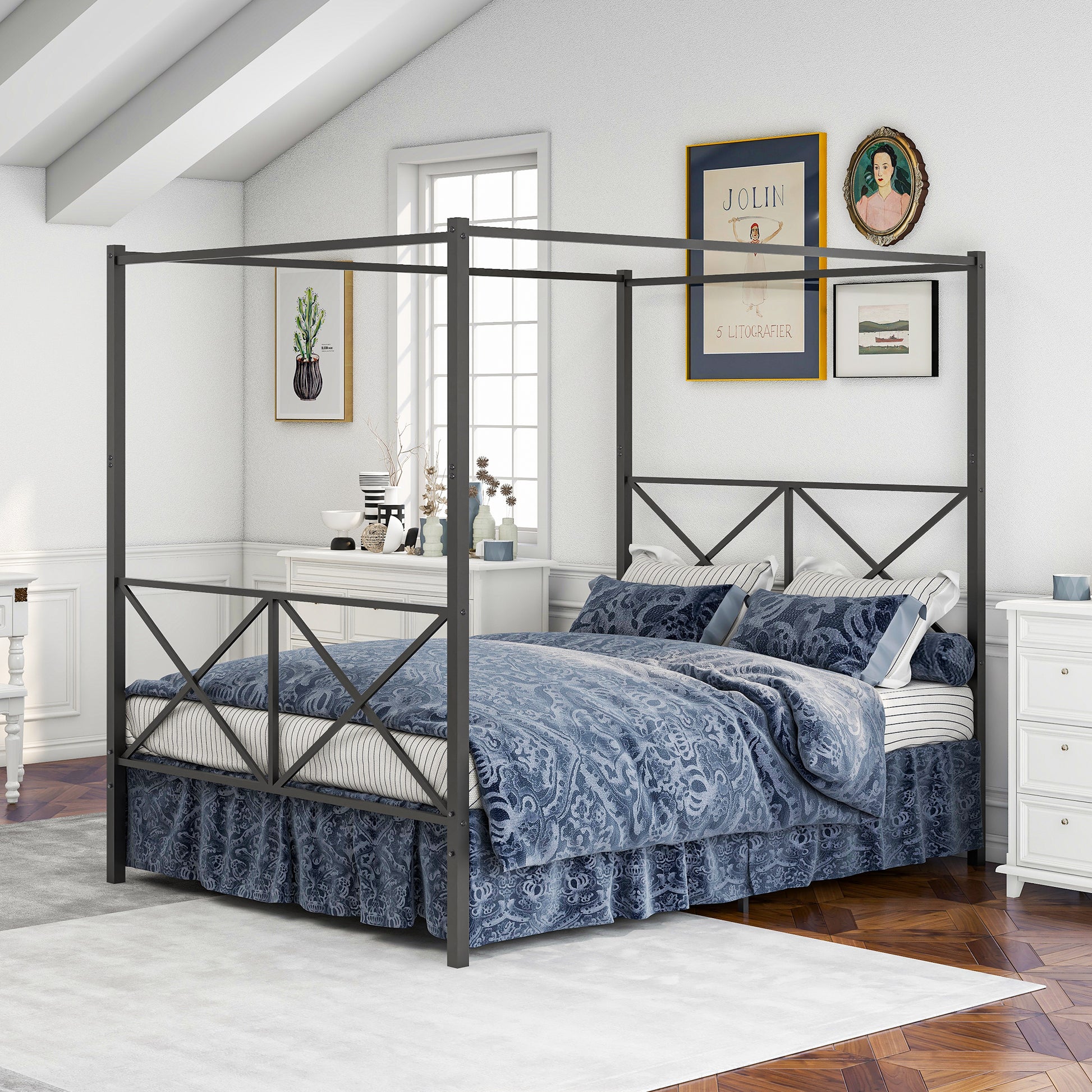 Metal Canopy Bed Frame, Platform Bed Frame Queen With X Shaped Frame Queen Black Box Spring Not Required Queen Black Metal Bedroom Bed Frame Metal
