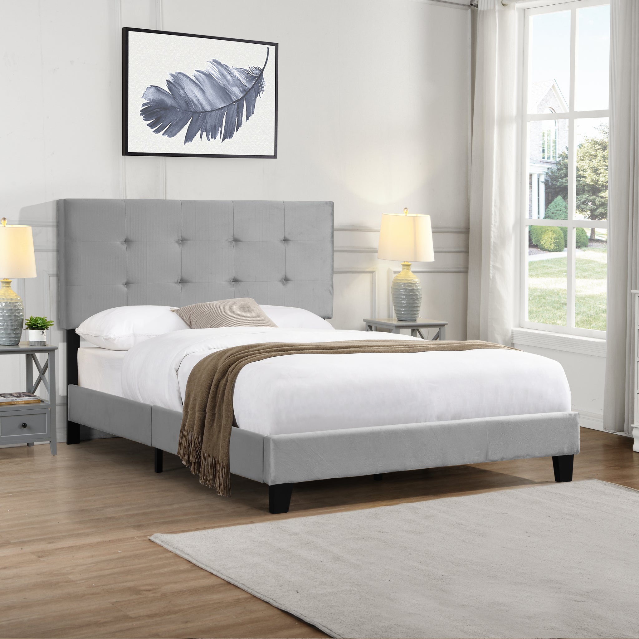 Queen Size Upholstered Platform Bed Frame with pull gray-velvet