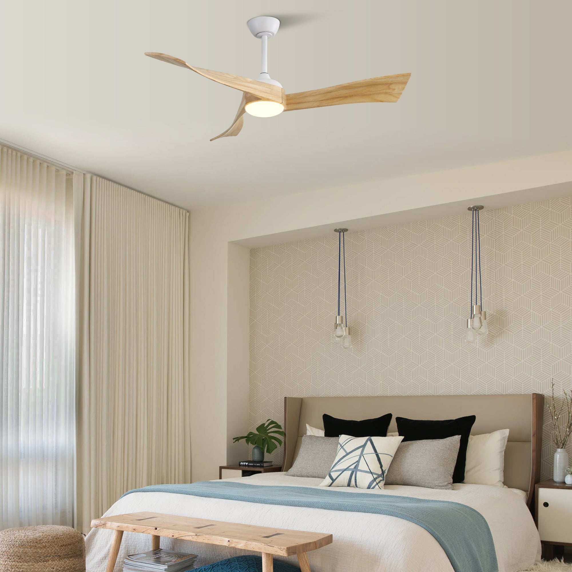 52 Inch Minimalist Ceiling Fan Light With 6 Speed matte white-metal & wood