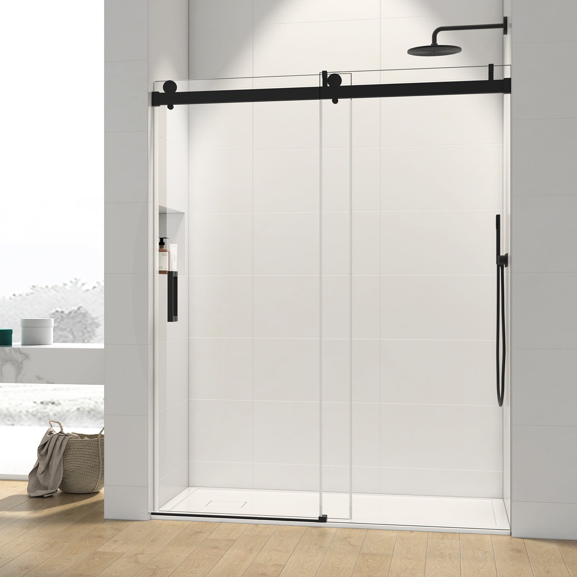 60*76" Single Sliding Frameless Shower Door Matte matte black-glass