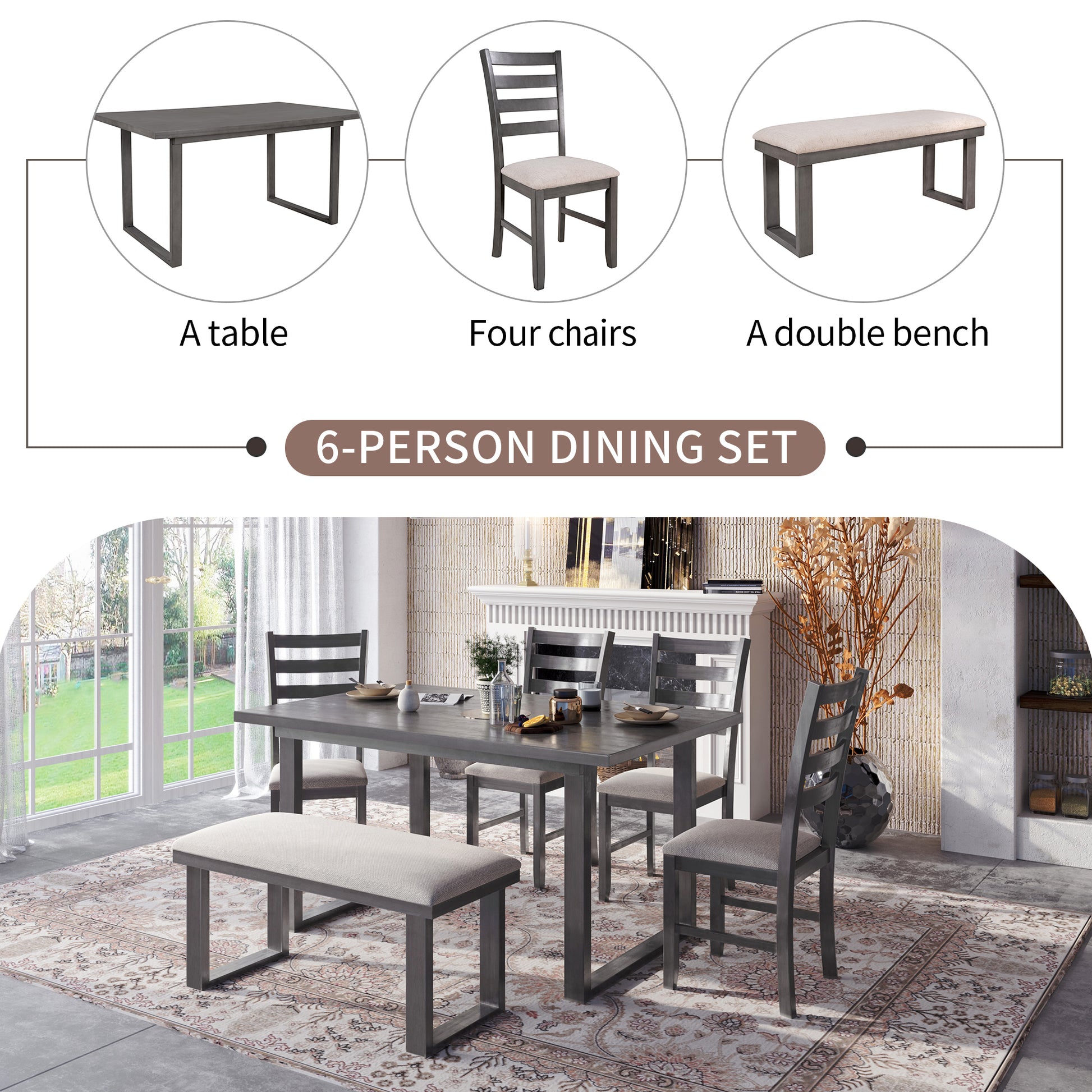 6 Pieces Family Furniture, Solid Wood Dining Room Set With Rectangular Table & 4 Chairs With Bench Gray Gray Solid Wood