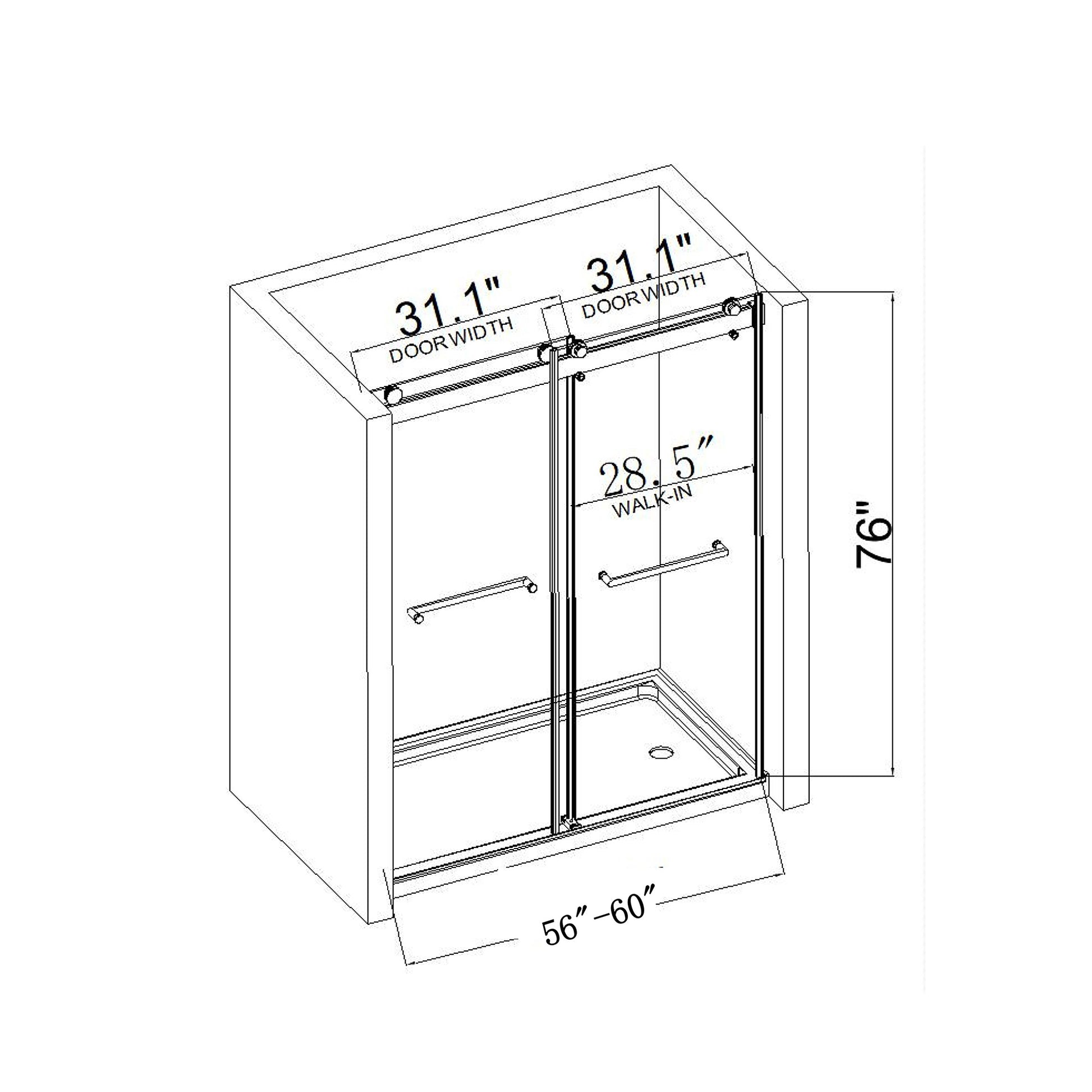 60*76" Double Sliding Frameless Shower Door Matte matte black-glass