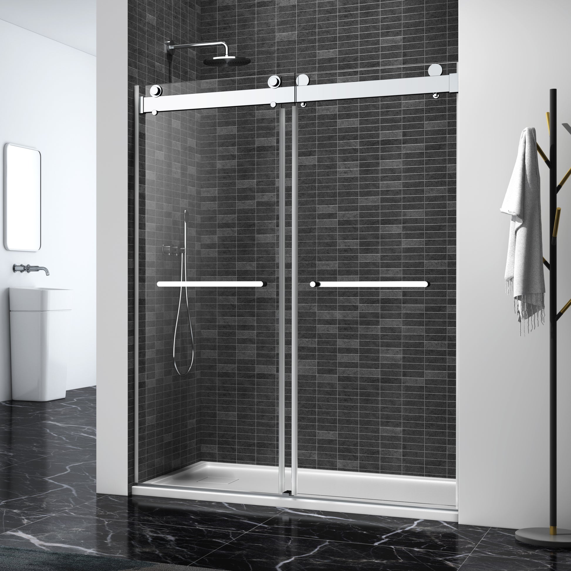 60*76" Double Sliding Frameless Shower Door Brushed brushed nickel-glass