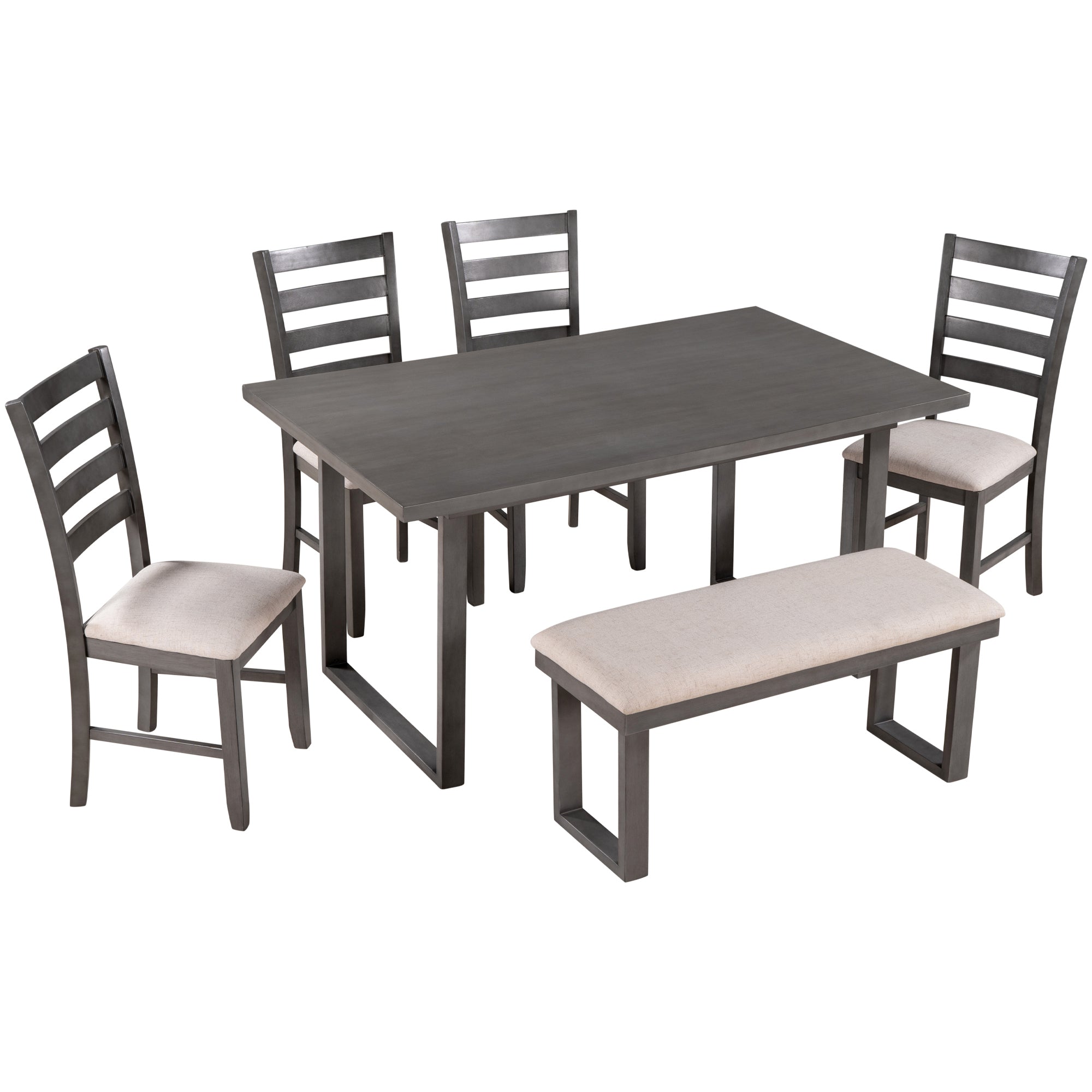 6 Pieces Family Furniture, Solid Wood Dining Room Set With Rectangular Table & 4 Chairs With Bench Gray Gray Solid Wood