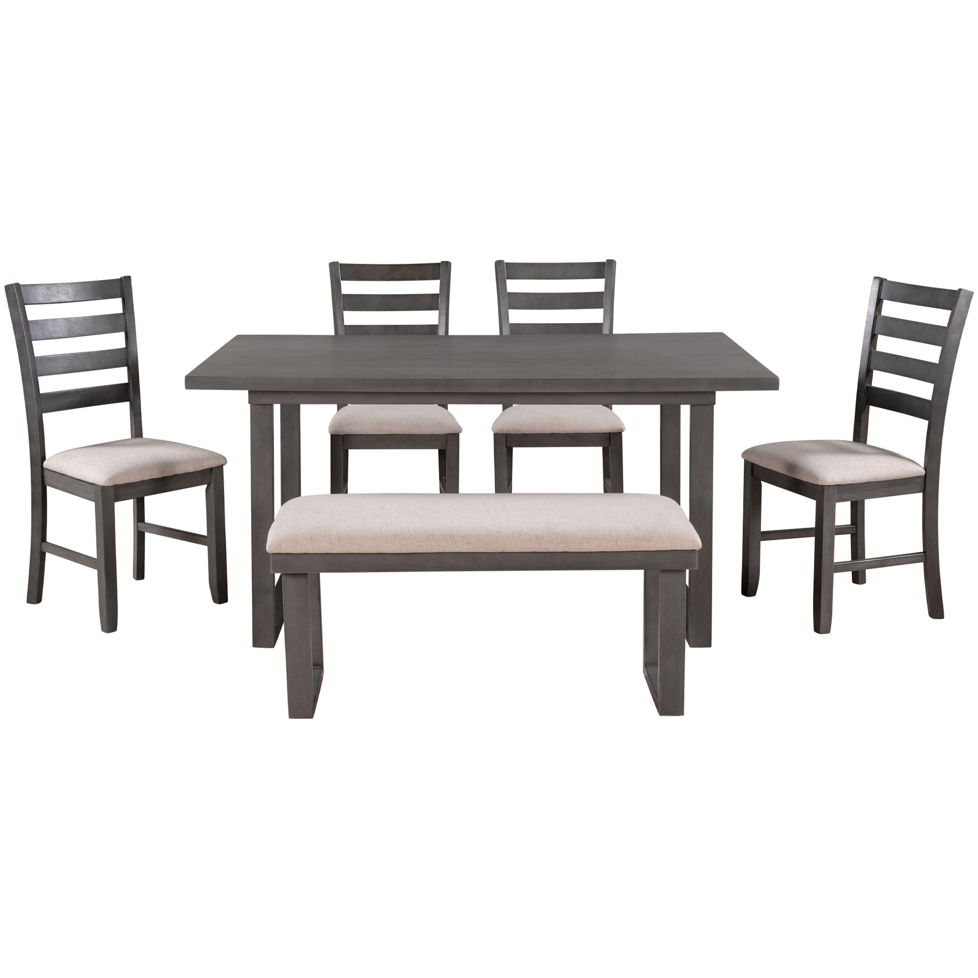 6 Pieces Family Furniture, Solid Wood Dining Room Set With Rectangular Table & 4 Chairs With Bench Gray Gray Solid Wood