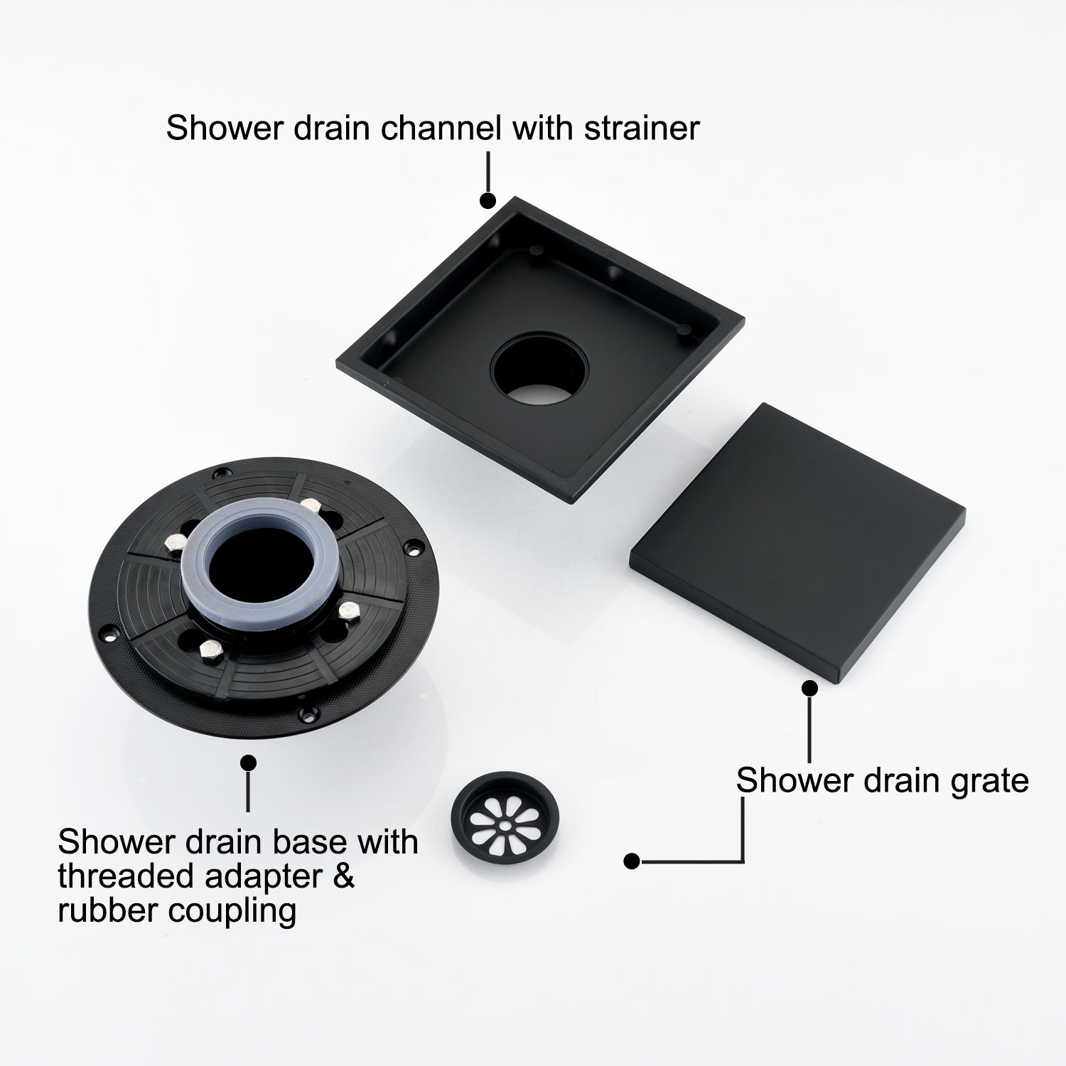 6 Inch Square Shower Floor Drain Matte Black Stainless Steel