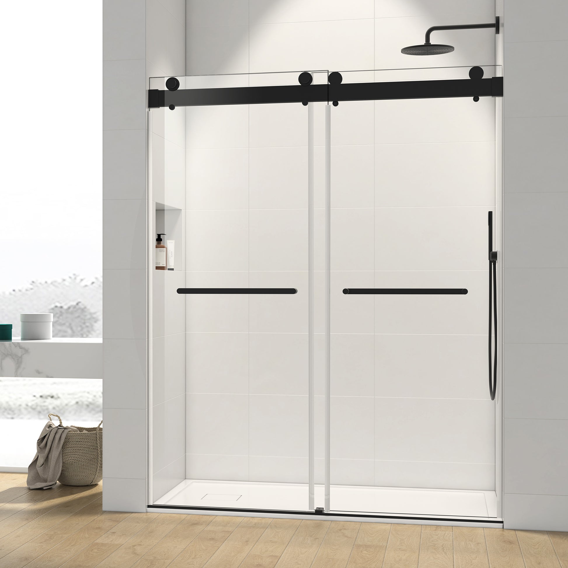 60*76" Double Sliding Frameless Shower Door Matte matte black-glass