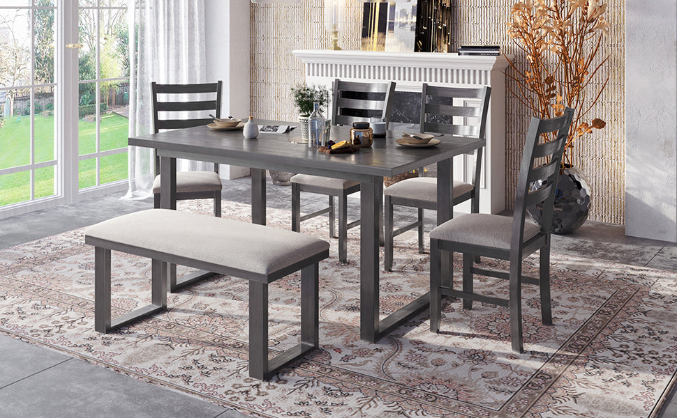 6 Pieces Family Furniture, Solid Wood Dining Room Set With Rectangular Table & 4 Chairs With Bench Gray Gray Solid Wood