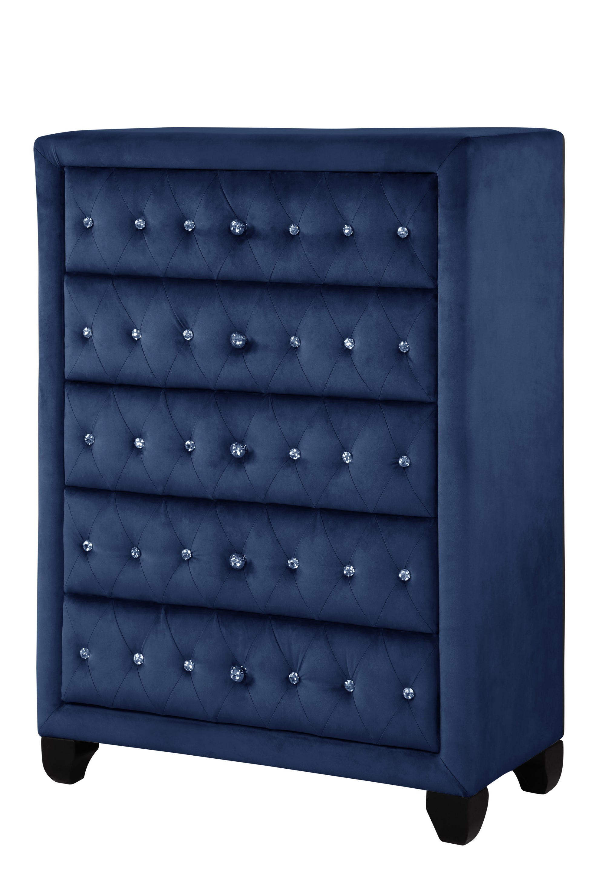 Sophia Modern Style Crystal Tufted Upholstery 5 Drawer Chest Finished With Velvet Fabric Made With Wood In Blue Blue Bedroom Contemporary,Modern Wood