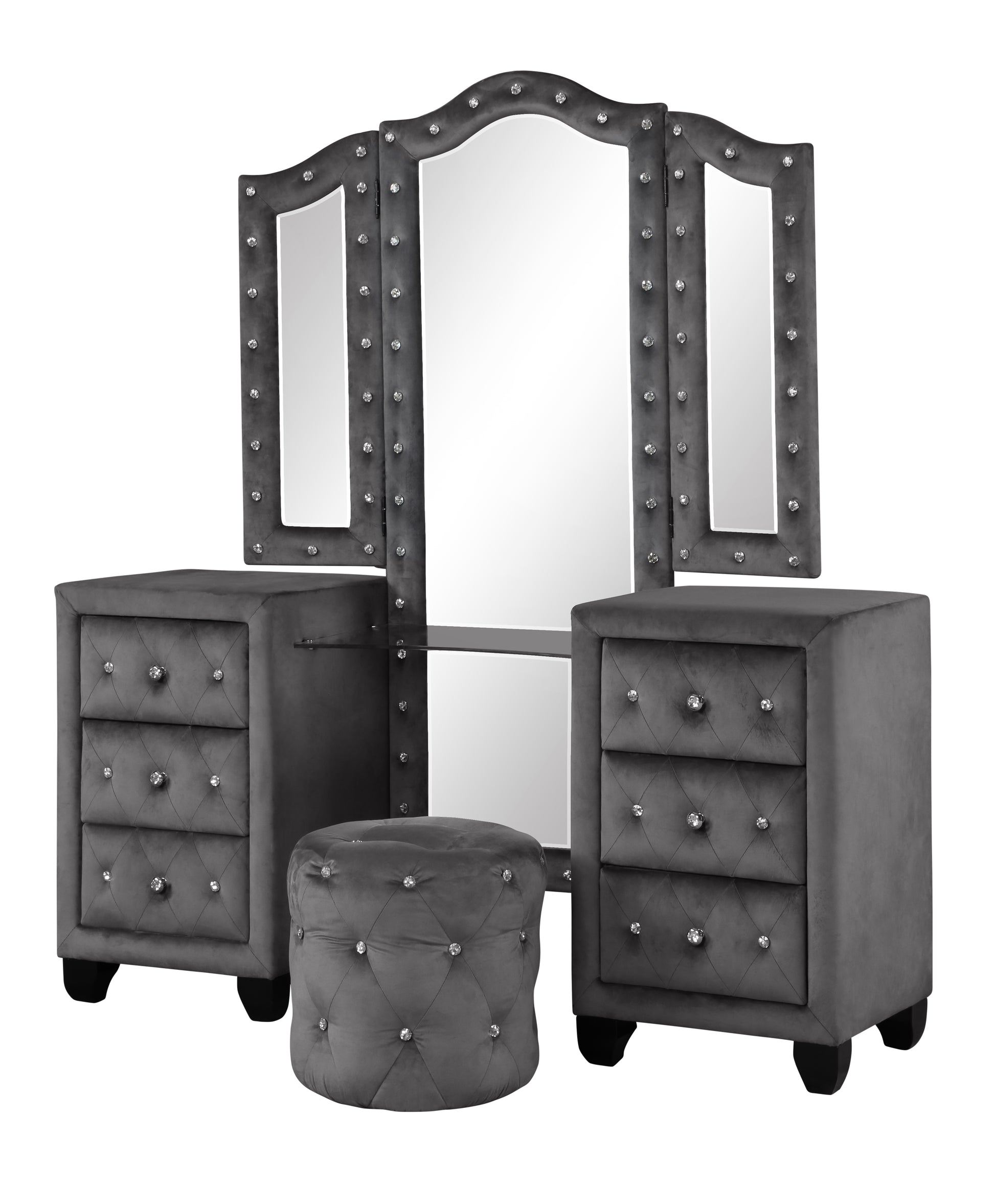 Modern Style Crystal Tufted King 4 Piece Includes: King Size Bed, Nightstand, Vanity Set Velvet Fabric Upholstery Vanity Bedroom Set Made With Wood In Gray Box Spring Not Required King Gray Wood 4 Piece Set Bedroom Contemporary,Modern Acacia Upholstered