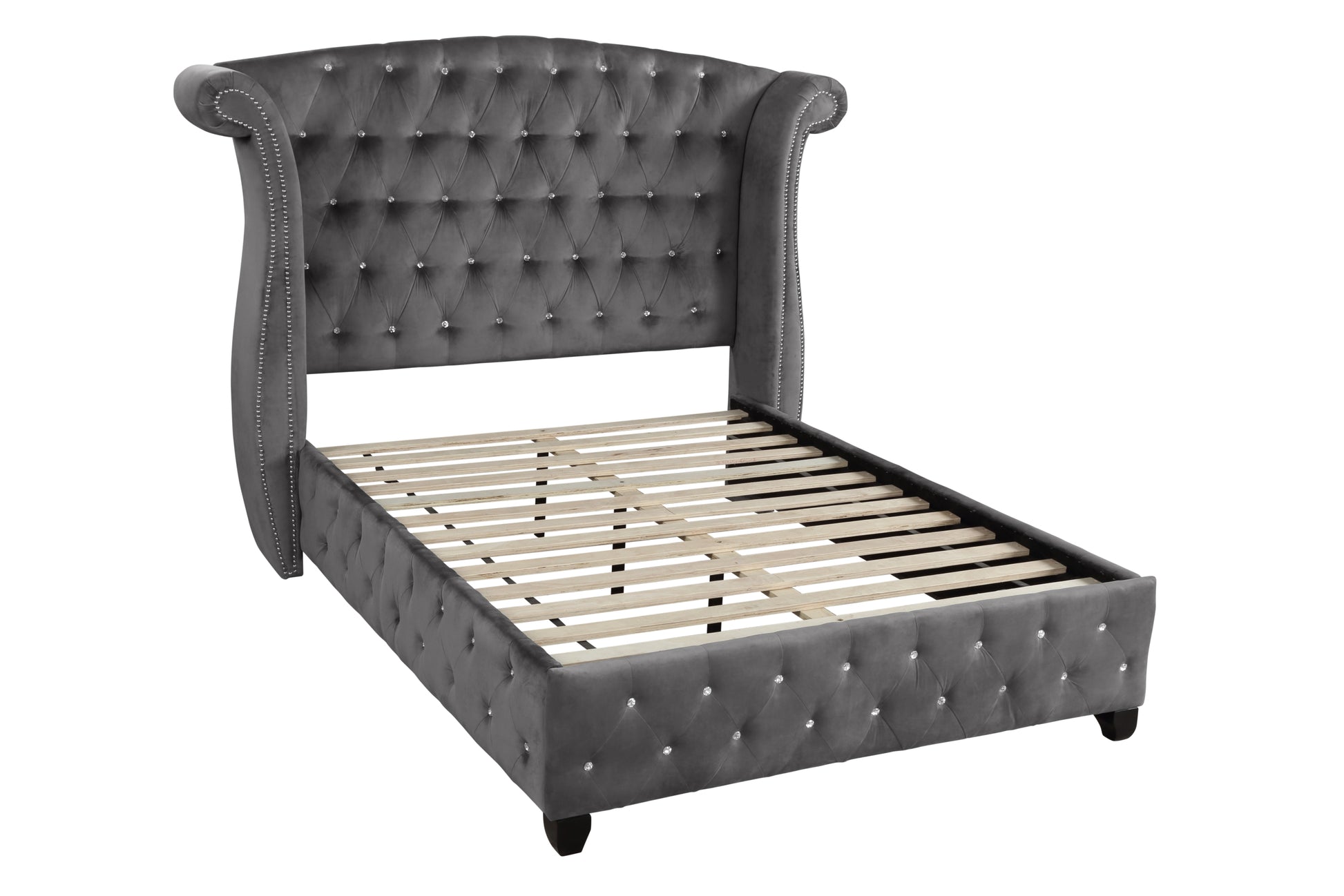 Sophia Modern Style Crystal Tufted Queen 4 Piece Includes: Queen Size Bed, Nightstand, Dresser, And Mirror Velvet Fabric Upholstery Bedroom Set Made With Wood In Gray Box Spring Not Required Queen Gray Wood 4 Piece Set Bedroom Contemporary,Modern Acacia