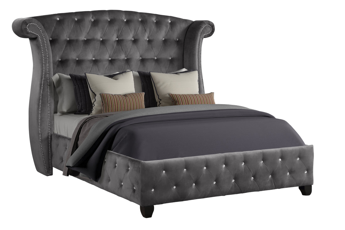 Sophia Modern Style Crystal Tufted Full 4 Piece Includes: Full Size Bed, Nightstand, Dresser, And Mirror Velvet Fabric Upholstery Bedroom Set Made With Wood In Gray Box Spring Not Required Full Gray Wood 4 Piece Set Bedroom Contemporary,Modern Acacia