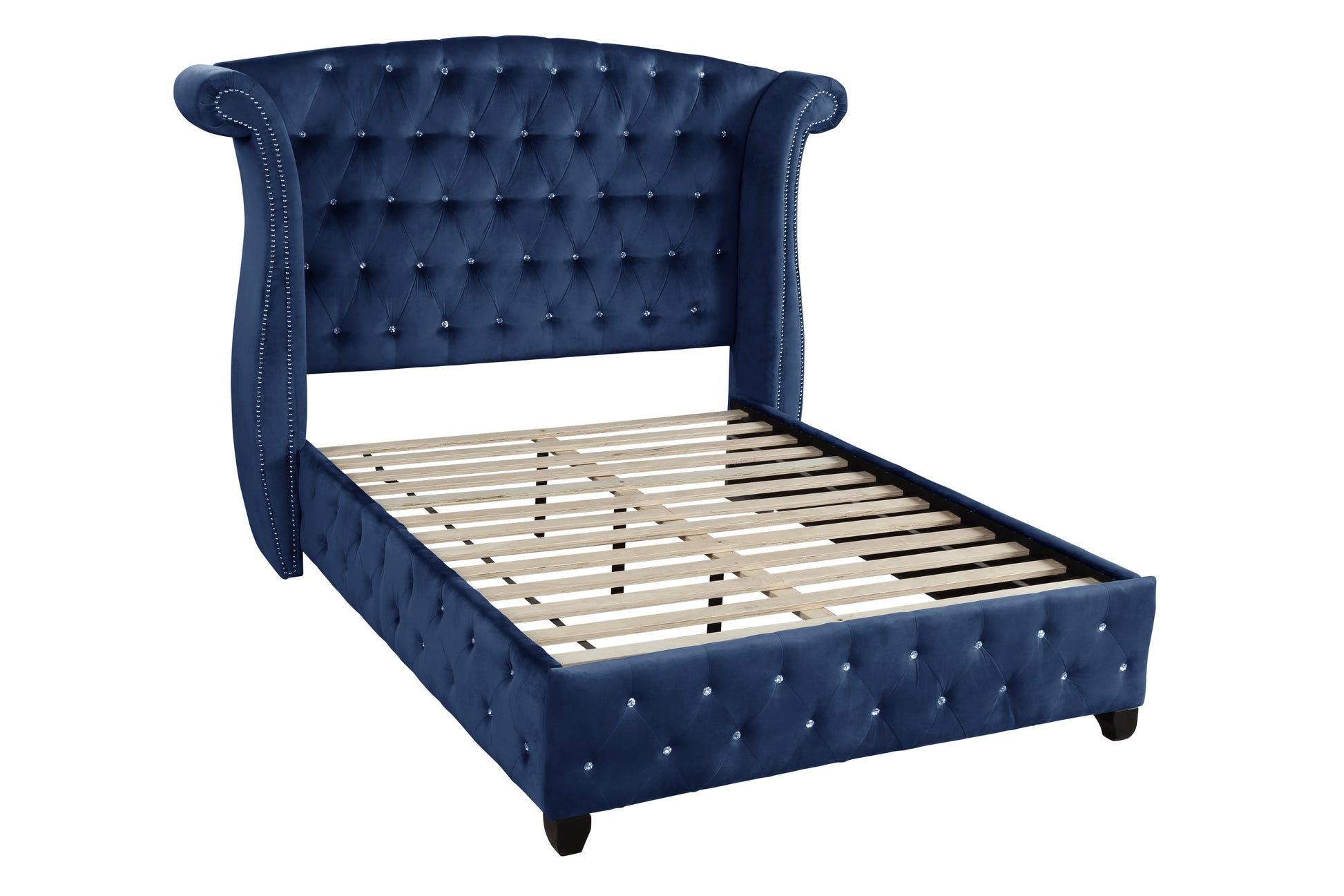 Sophia Modern Style Crystal Tufted Full 4 Piece Includes: Full Size Bed, Nightstand, Dresser, And Mirror Velvet Fabric Upholstery Bedroom Set Made With Wood In Blue Box Spring Not Required Full Blue Wood 4 Piece Set Bedroom Modern Acacia Upholstered