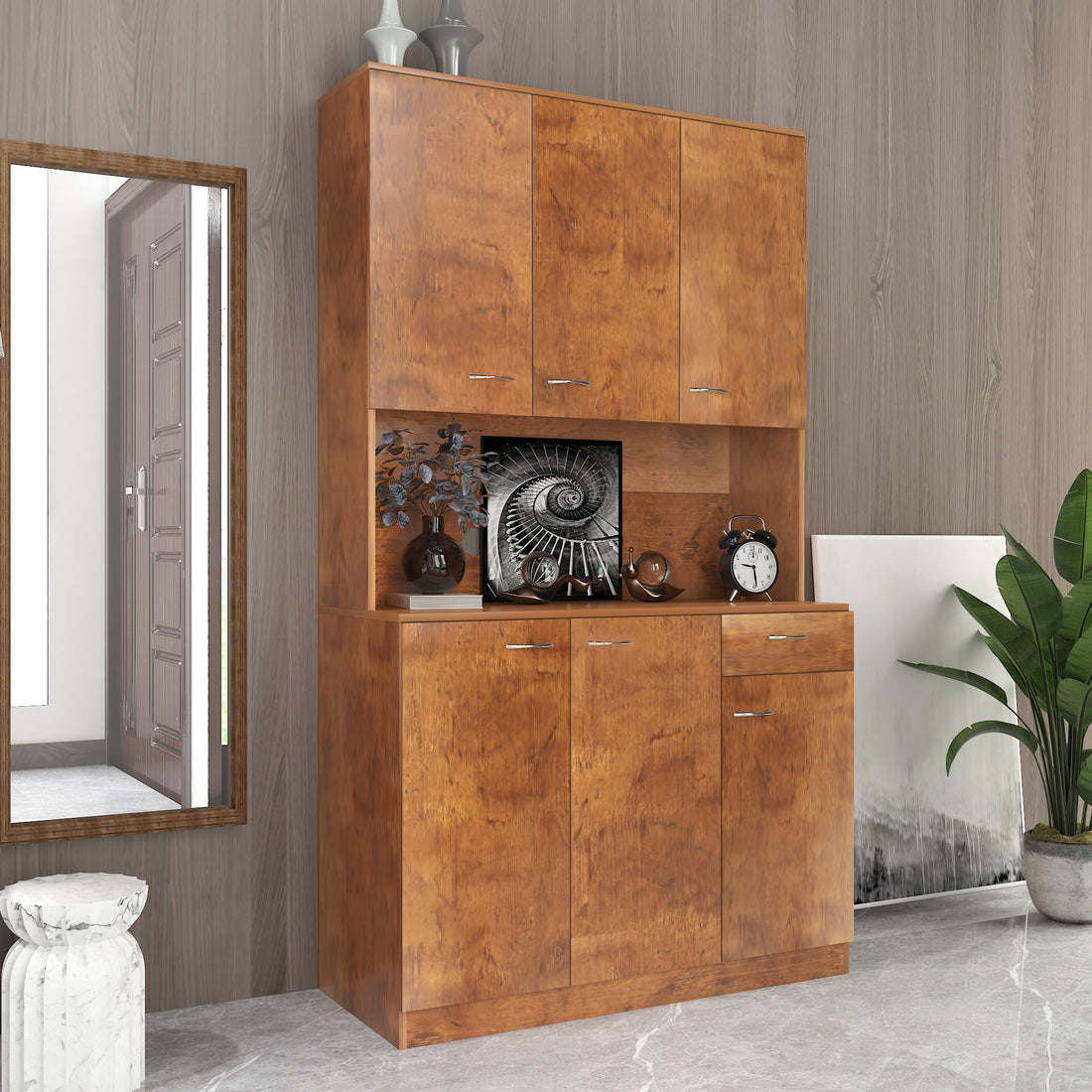 70.87" Tall Wardrobe& Kitchen Cabinet, With 6 Doors, 1 Open Shelves And 1 Drawer For Bedroom,Walnut Walnut Mdf
