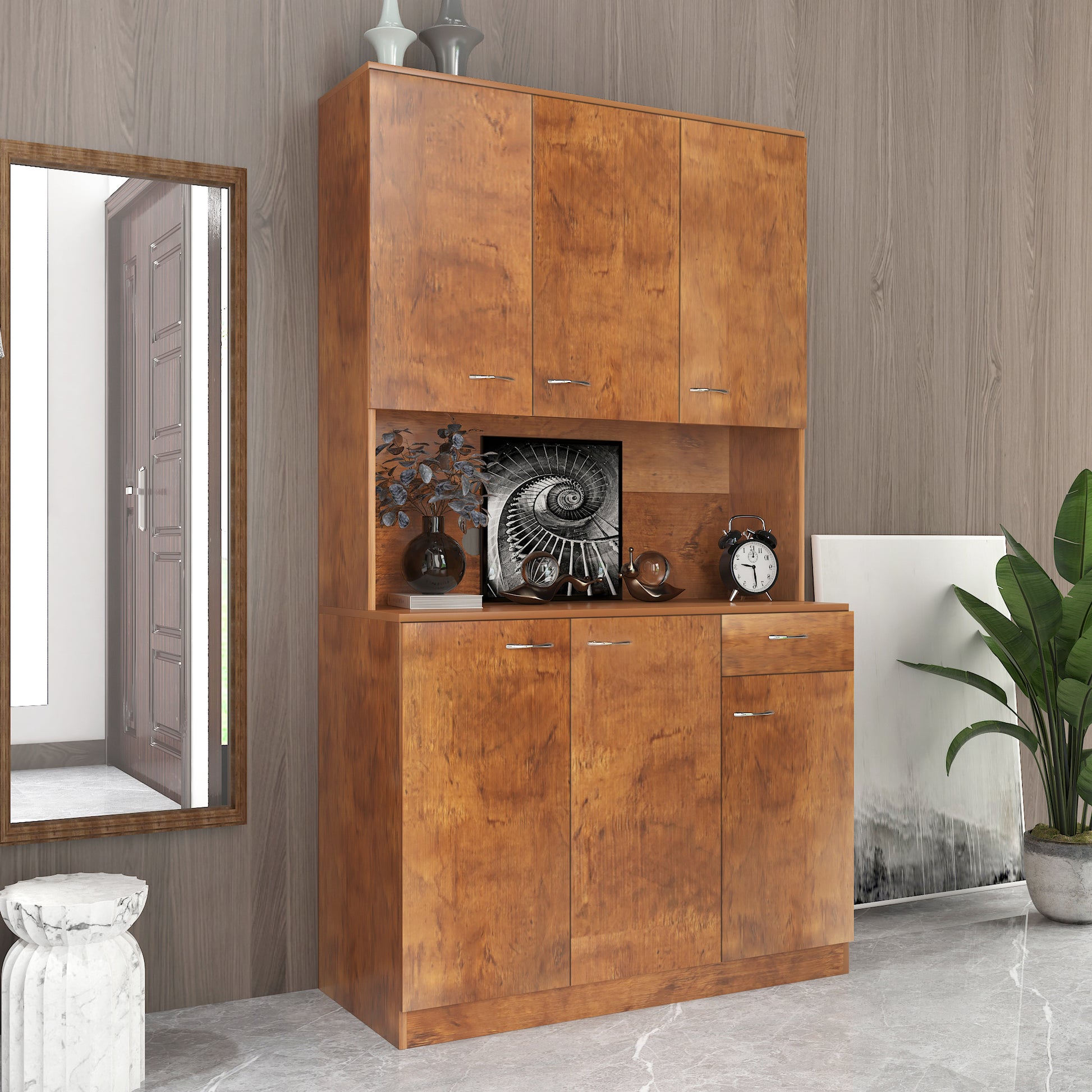 70.87" Tall Wardrobe& Kitchen Cabinet, With 6 Doors, 1 Open Shelves And 1 Drawer For Bedroom,Walnut Walnut Mdf