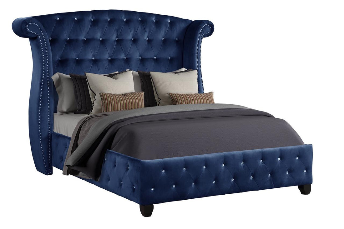 Sophia Modern Style Crystal Tufted Full 4 Piece Includes: Full Size Bed, Nightstand, Dresser, And Mirror Velvet Fabric Upholstery Bedroom Set Made With Wood In Blue Box Spring Not Required Full Blue Wood 4 Piece Set Bedroom Modern Acacia Upholstered