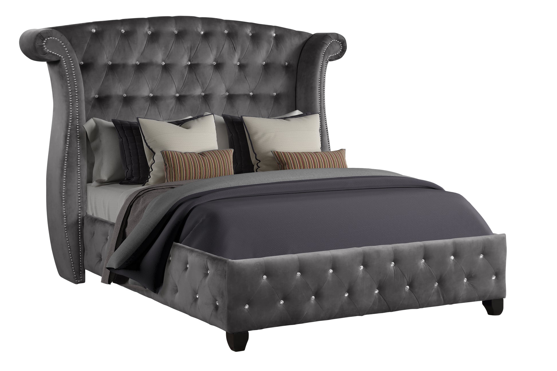 Modern Style Crystal Tufted King 4 Piece Includes: King Size Bed, Nightstand, Vanity Set Velvet Fabric Upholstery Vanity Bedroom Set Made With Wood In Gray Box Spring Not Required King Gray Wood 4 Piece Set Bedroom Contemporary,Modern Acacia Upholstered