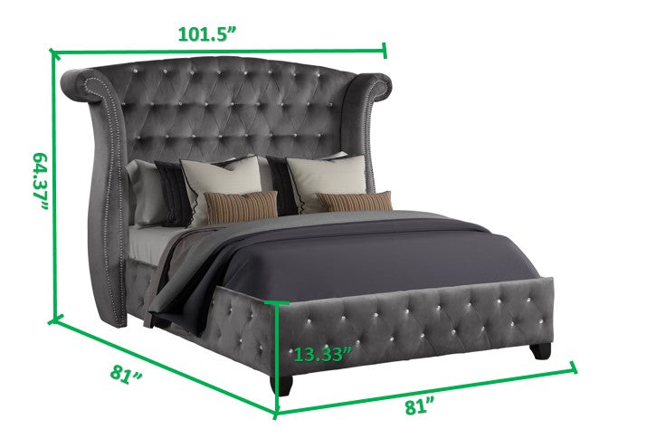 Modern Style Crystal Tufted King 4 Piece Includes: King Size Bed, Nightstand, Dresser, And Mirror Velvet Fabric Upholstery Bedroom Set Made With Wood In Gray Box Spring Not Required King Gray Wood 4 Piece Set Bedroom Contemporary,Modern Acacia