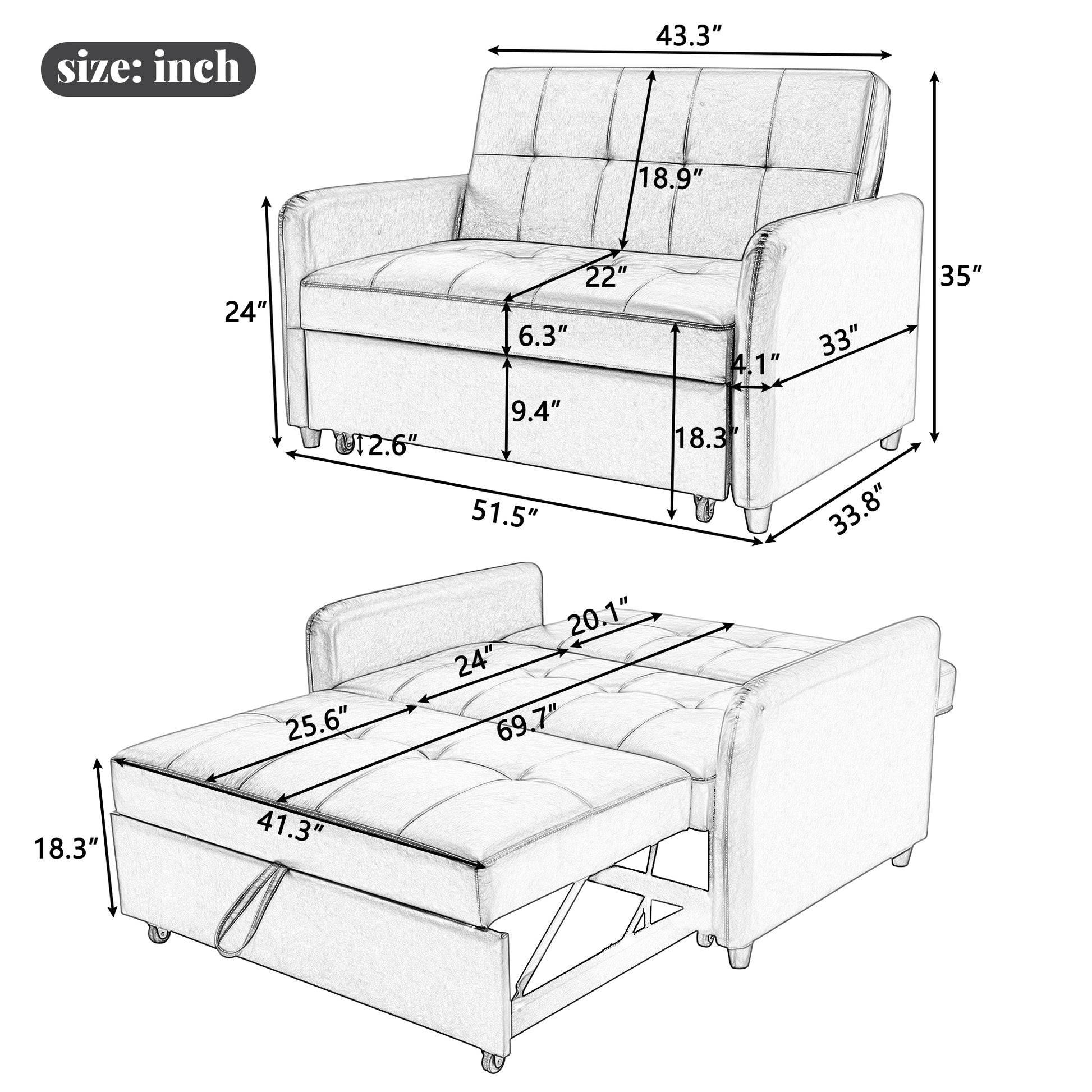 Orisfur. 51" Convertible Sleeper Bed, Adjustable Oversized Armchair With Dual Usb Ports For Small Space Brown Foam Pu