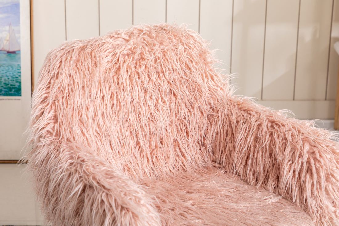 Hengming Modern Faux Fur Home Office Chair, Fluffy Chair For Girls, Makeup Vanity Chair Pink Steel