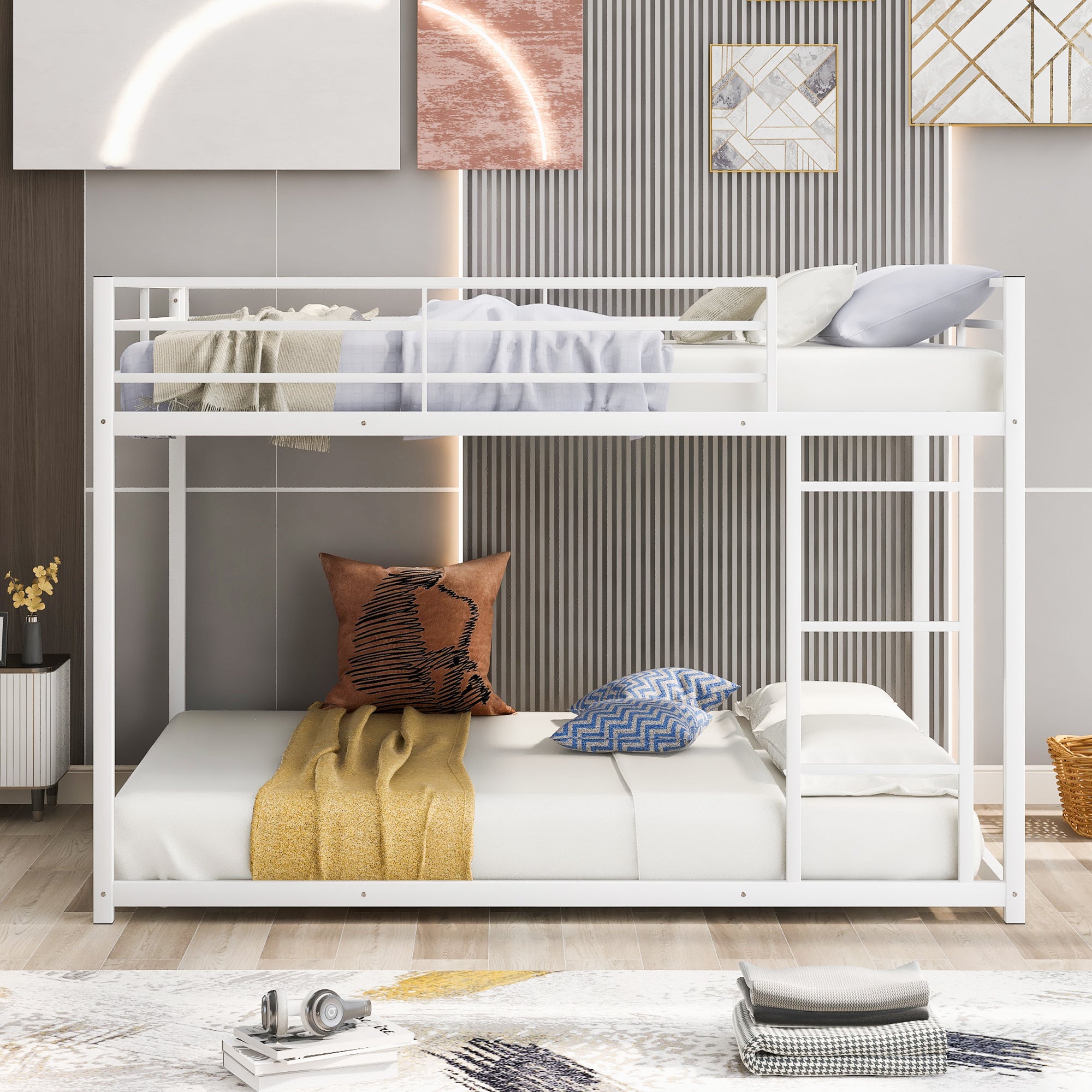 Full over Full Metal Bunk Bed, Low Bunk Bed with white-metal