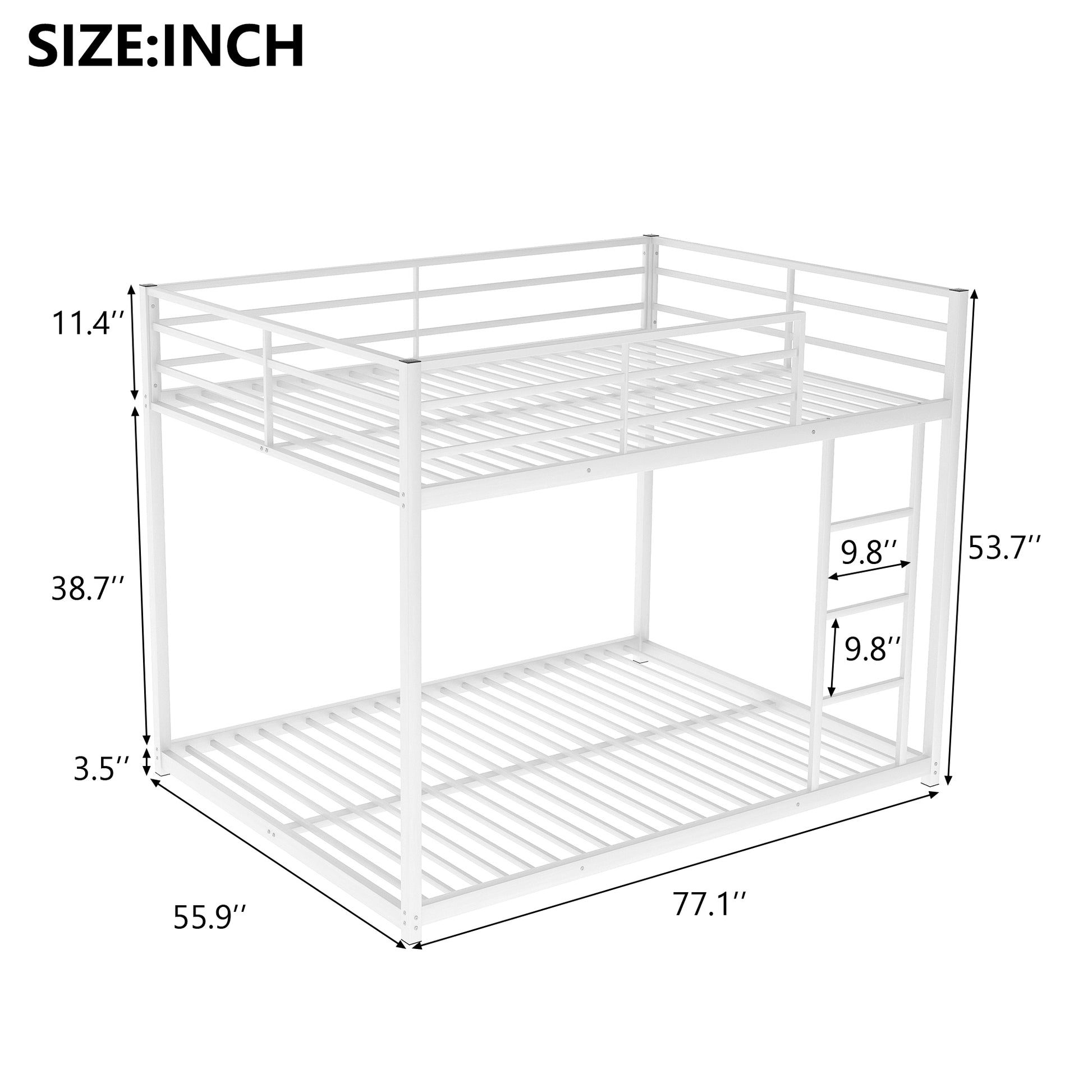 Full over Full Metal Bunk Bed, Low Bunk Bed with white-metal