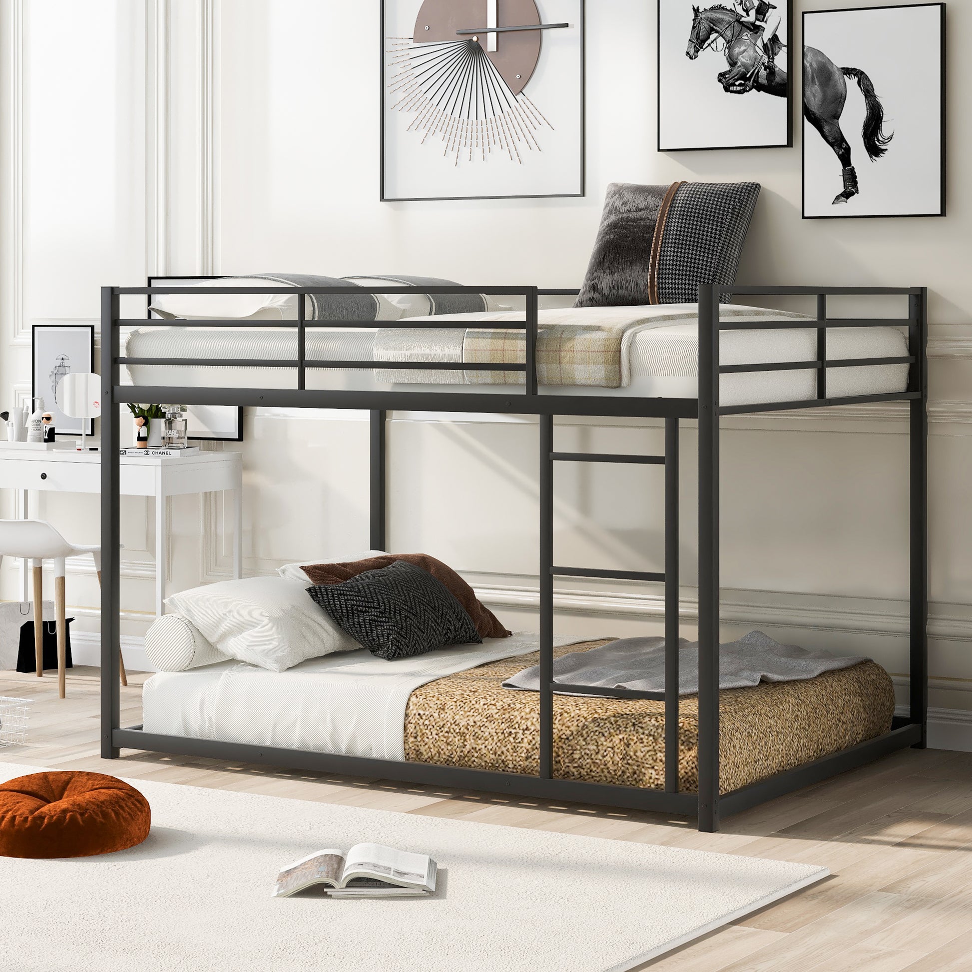 Full over Full Metal Bunk Bed, Low Bunk Bed with black-metal