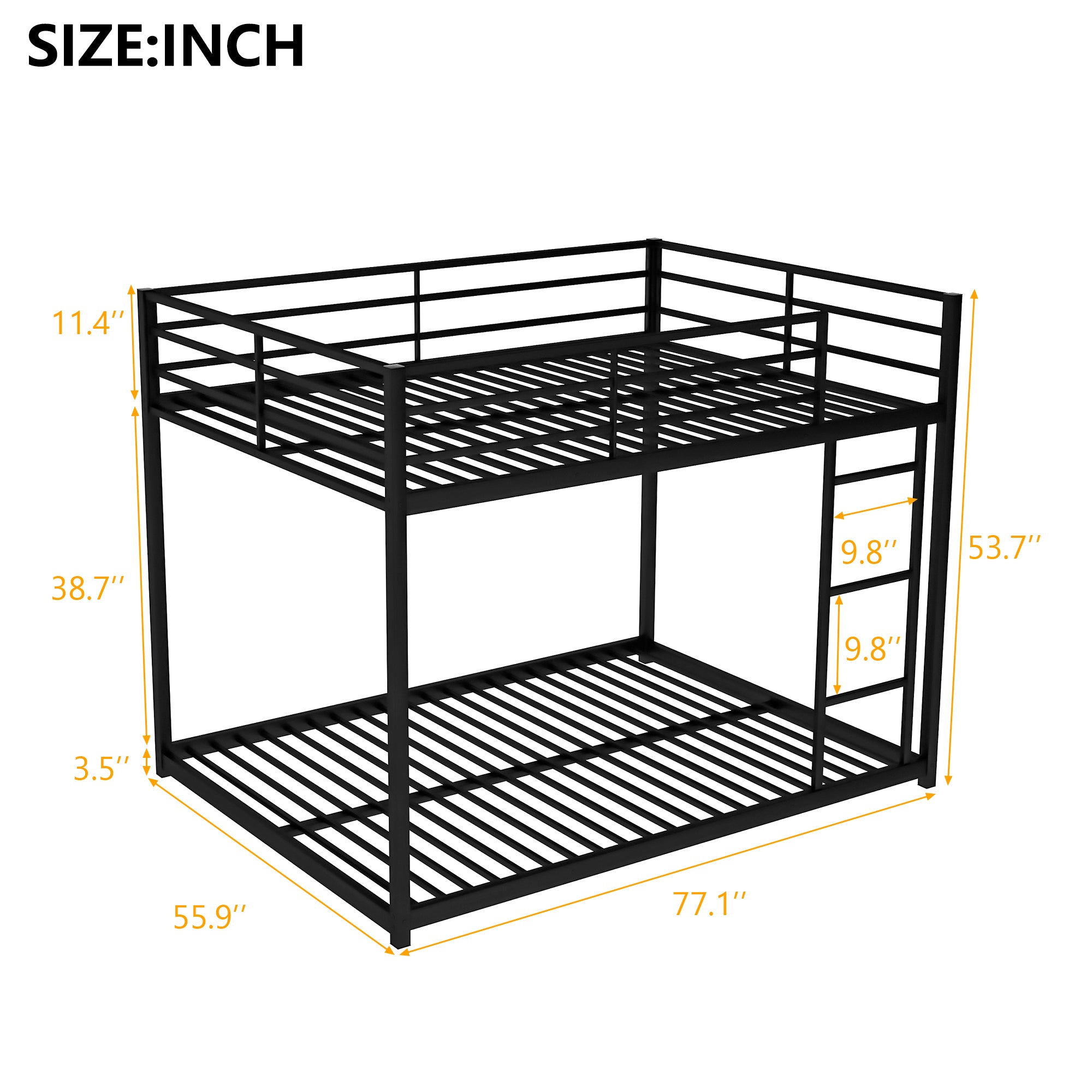 Full over Full Metal Bunk Bed, Low Bunk Bed with black-metal