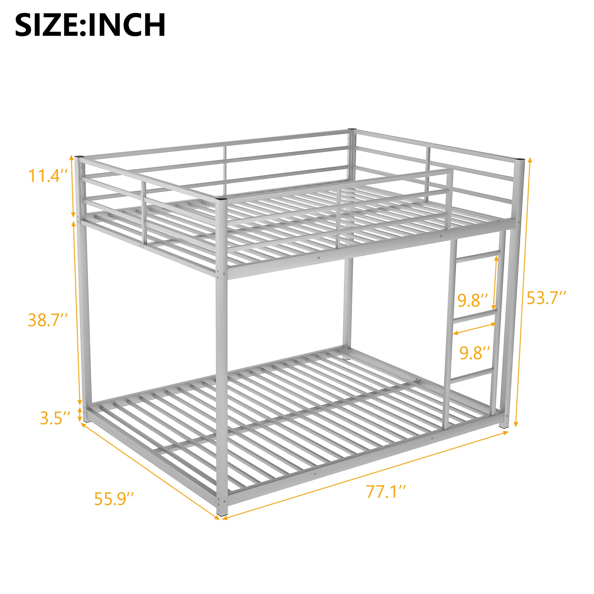 Full over Full Metal Bunk Bed, Low Bunk Bed with silver-metal