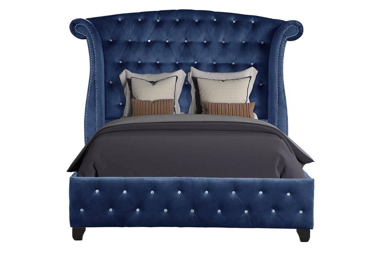 Sophia Modern Style Crystal Tufted Queen 4 Piece Includes: Queen Size Bed, Nightstand, Dresser, And Mirror Velvet Fabric Upholstery Bedroom Set Made With Wood In Blue Box Spring Not Required Queen Blue Wood 4 Piece Set Bedroom Bed Included,Dresser