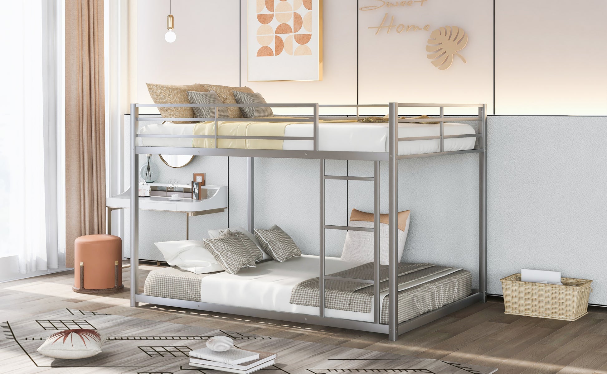 Full over Full Metal Bunk Bed, Low Bunk Bed with silver-metal