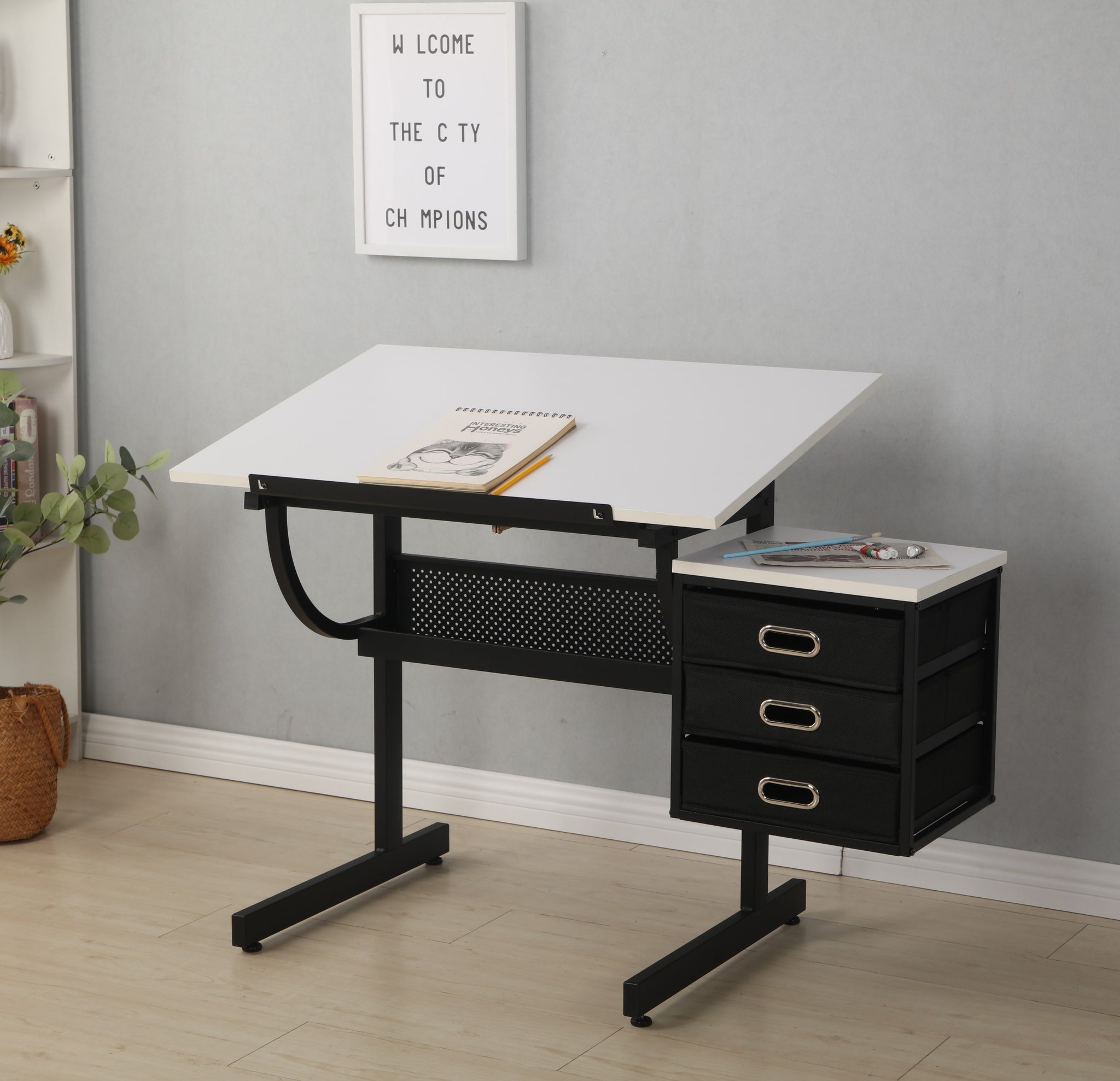 White adjustable drafting drawing table with