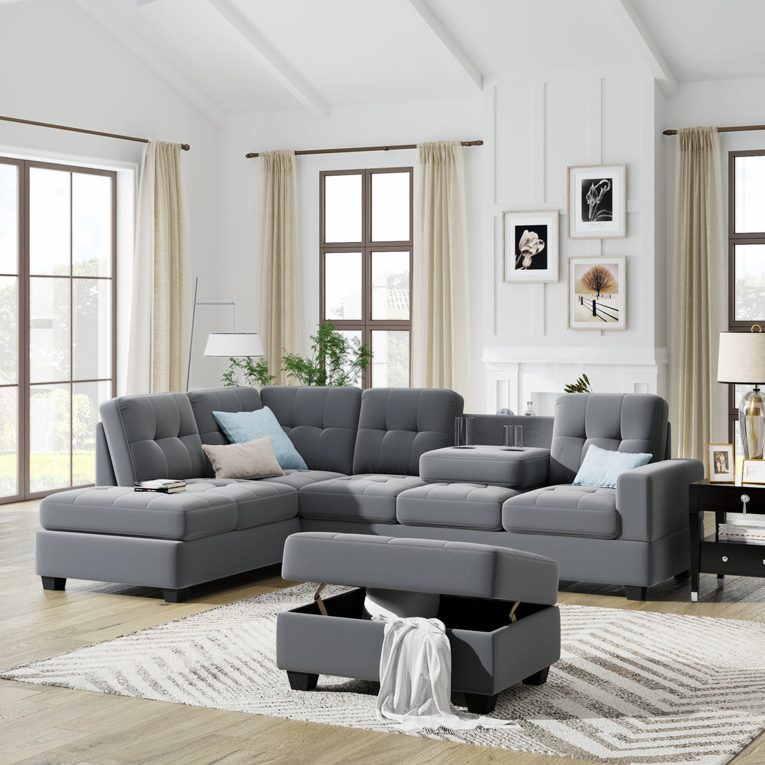 Orisfur. Sectional Sofa With Reversible Chaise Lounge, L Shaped Couch With Storage Ottoman And Cup Holders Gray Foam Velvet