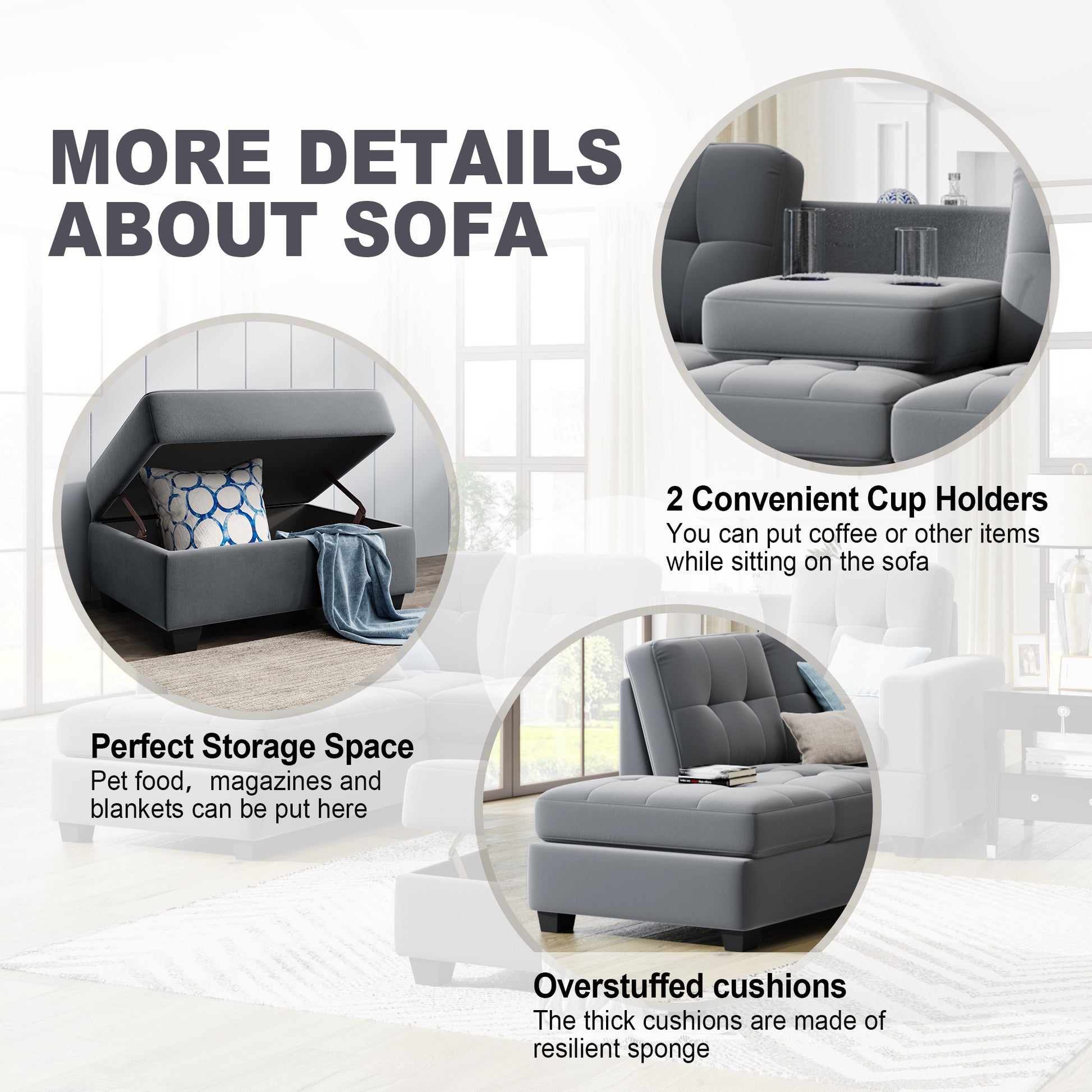 Orisfur. Sectional Sofa With Reversible Chaise Lounge, L Shaped Couch With Storage Ottoman And Cup Holders Gray Foam Velvet