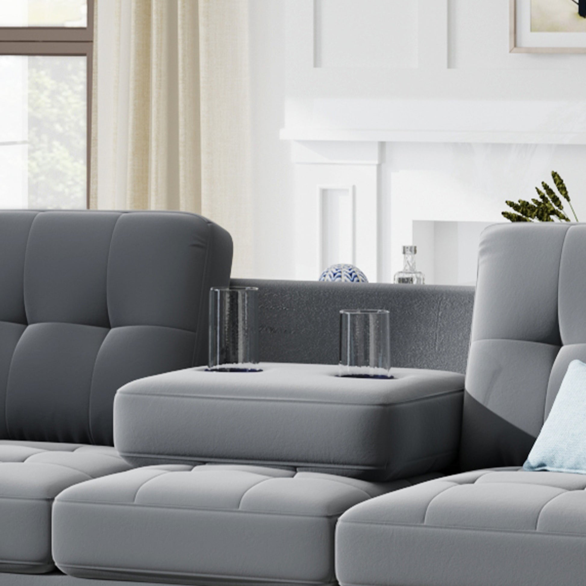 Orisfur. Sectional Sofa With Reversible Chaise Lounge, L Shaped Couch With Storage Ottoman And Cup Holders Gray Foam Velvet