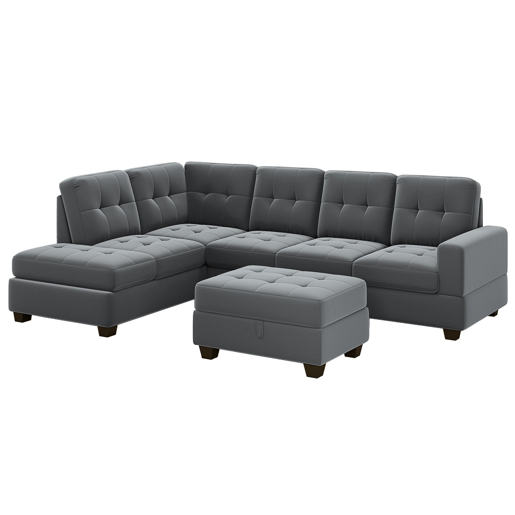 Orisfur. Sectional Sofa With Reversible Chaise Lounge, L Shaped Couch With Storage Ottoman And Cup Holders Gray Foam Velvet