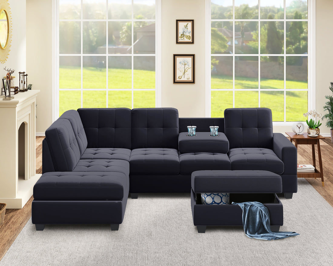 Orisfur. Modern Sectional Sofa With Reversible Chaise, L Shaped Couch Set With Storage Ottoman And Two Cup Holders For Living Room Black Foam Velvet