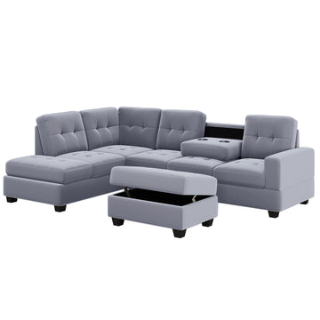 Orisfur. Modern Sectional Sofa With Reversible Chaise, L Shaped Couch Set With Storage Ottoman And Two Cup Holders For Living Room Gray Foam Velvet