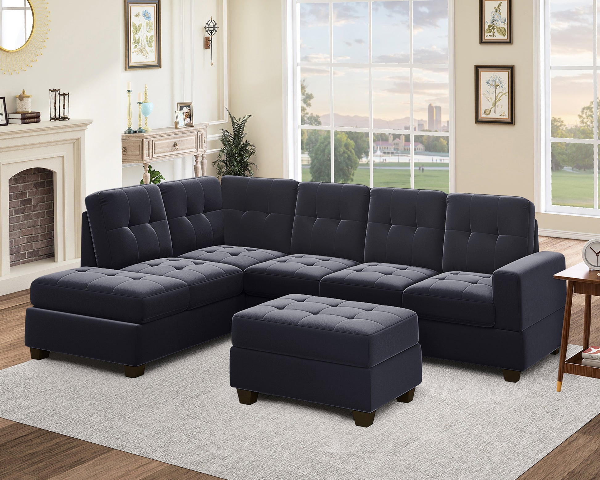 Orisfur. Modern Sectional Sofa With Reversible Chaise, L Shaped Couch Set With Storage Ottoman And Two Cup Holders For Living Room Black Foam Velvet