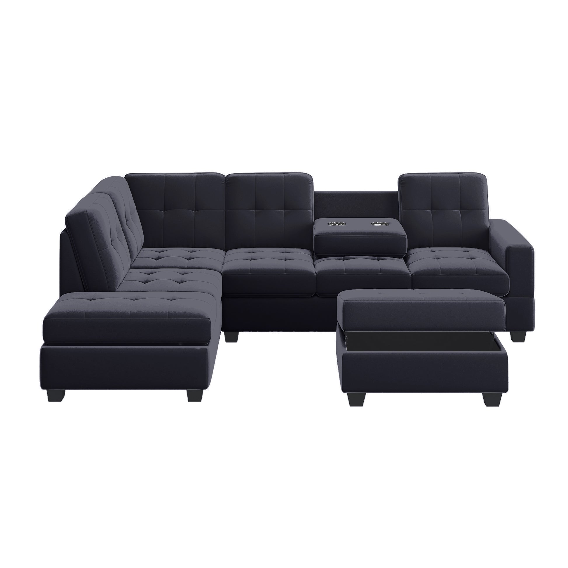 Orisfur. Modern Sectional Sofa With Reversible Chaise, L Shaped Couch Set With Storage Ottoman And Two Cup Holders For Living Room Black Foam Velvet