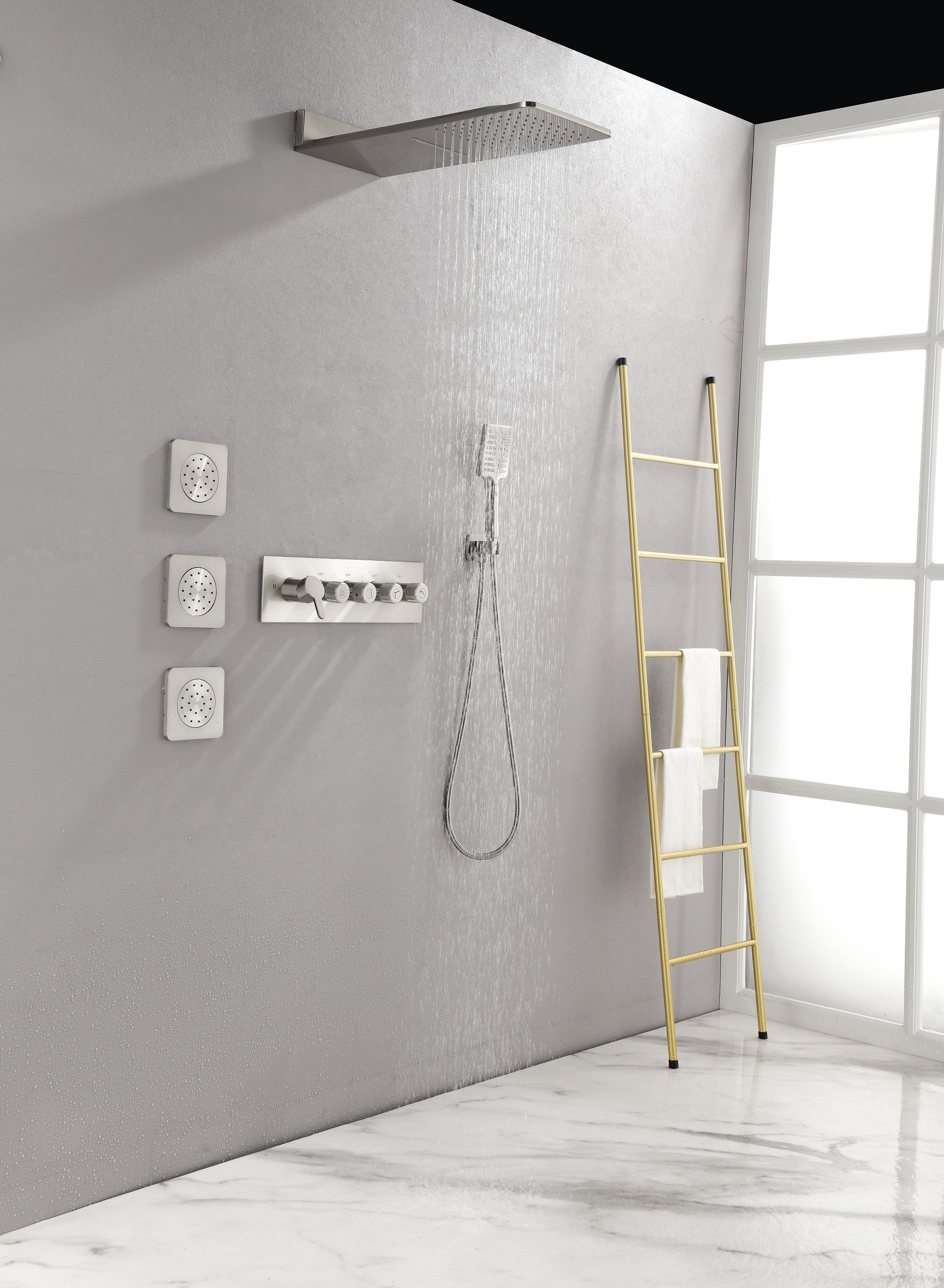 Wall Mounted Waterfall Rain Shower System With 3 Body Sprays & Handheld Shower Brushed Nickel Brass