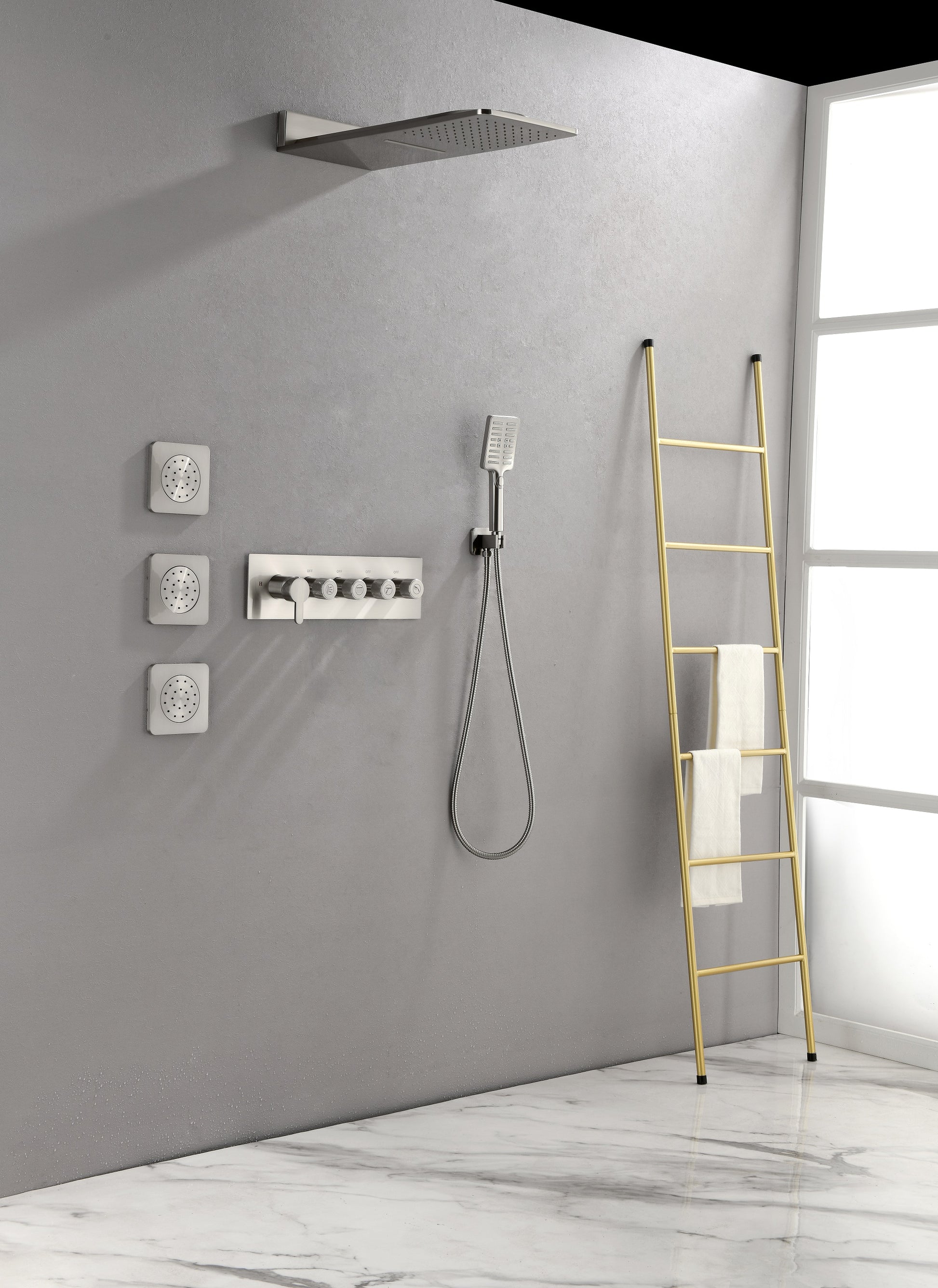 Wall Mounted Waterfall Rain Shower System With 3 Body Sprays & Handheld Shower Brushed Nickel Brass