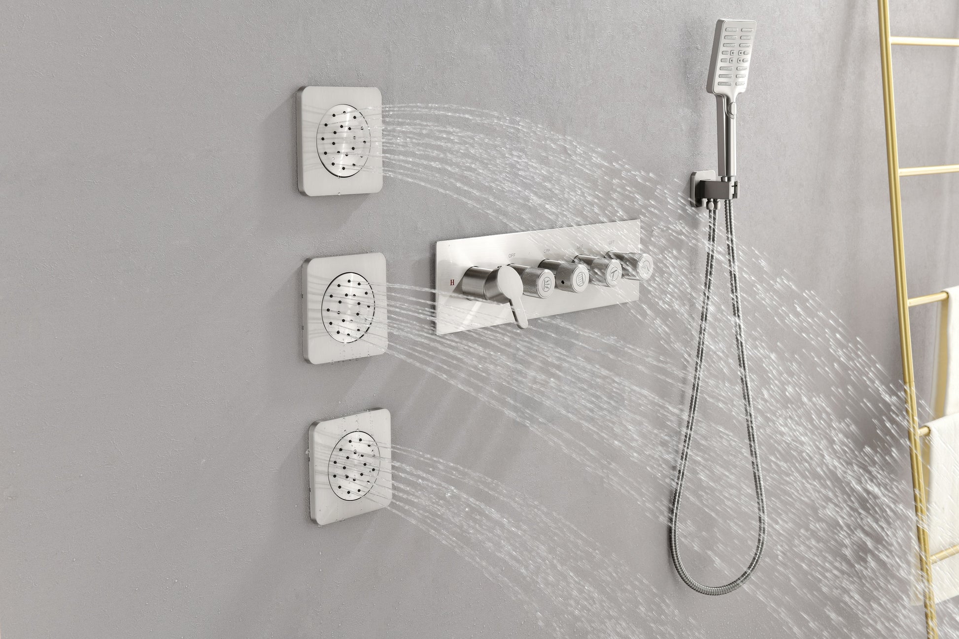 Wall Mounted Waterfall Rain Shower System With 3 Body Sprays & Handheld Shower Brushed Nickel Brass