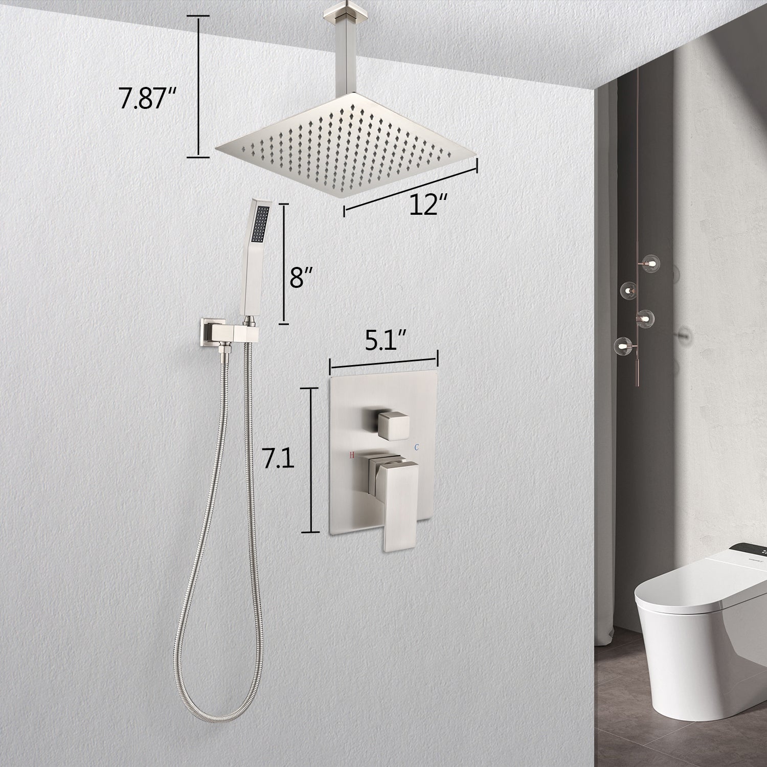 Ceiling Mounted Shower System Combo Set With Handheld And 12"Shower Head Brushed Nickel Brass