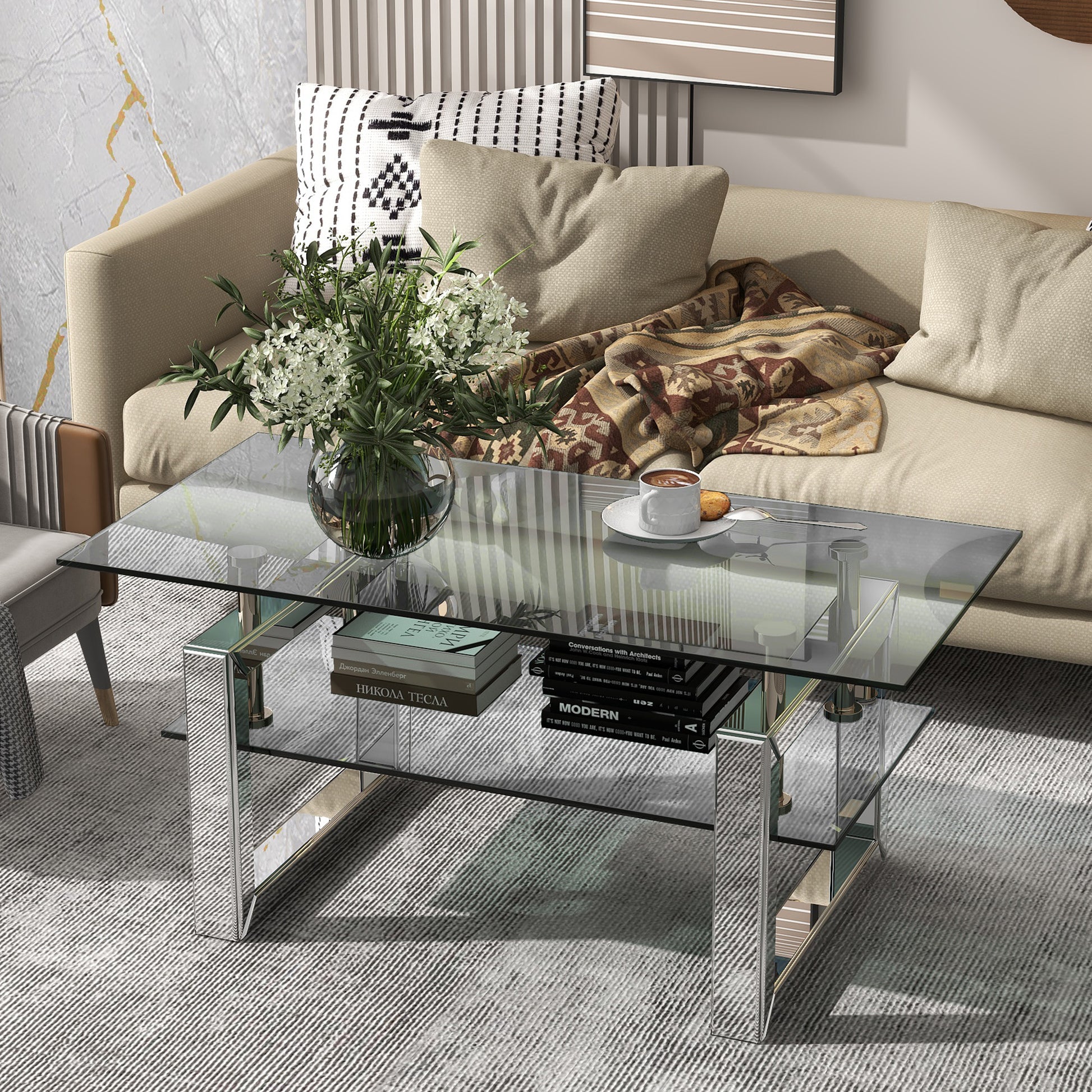 W 39.4" X D 19.7 " X H 17.7" Transparent Tempered Glass Coffee Table, Coffee Table Silver Keyboard Tray Desk And Chair Set Office Modern Manual Freestanding Rectangular Open Storage Coffee & End Tables Glossy Metal Pedestal