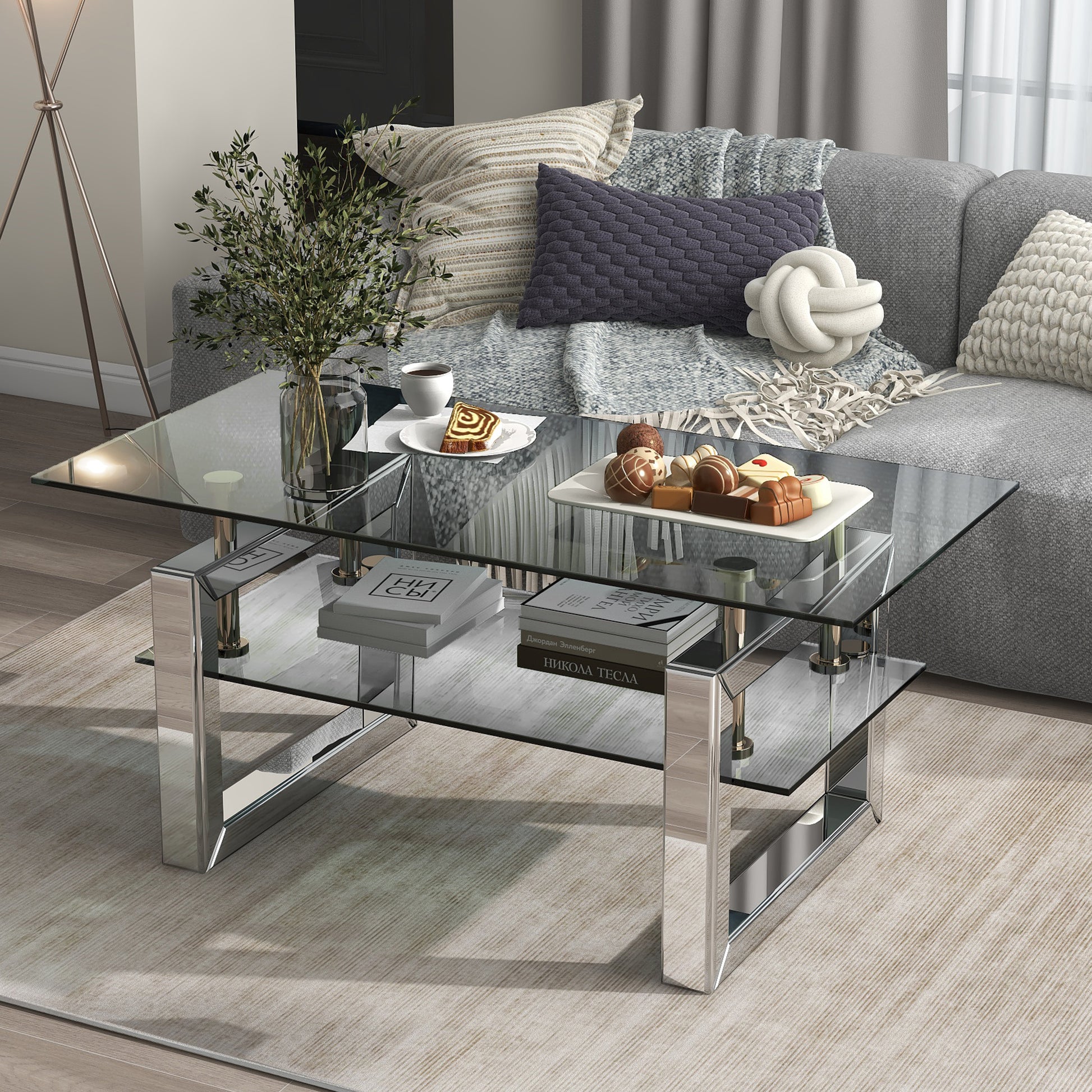 W 39.4" X D 19.7 " X H 17.7" Transparent Tempered Glass Coffee Table, Coffee Table Silver Keyboard Tray Desk And Chair Set Office Modern Manual Freestanding Rectangular Open Storage Coffee & End Tables Glossy Metal Pedestal