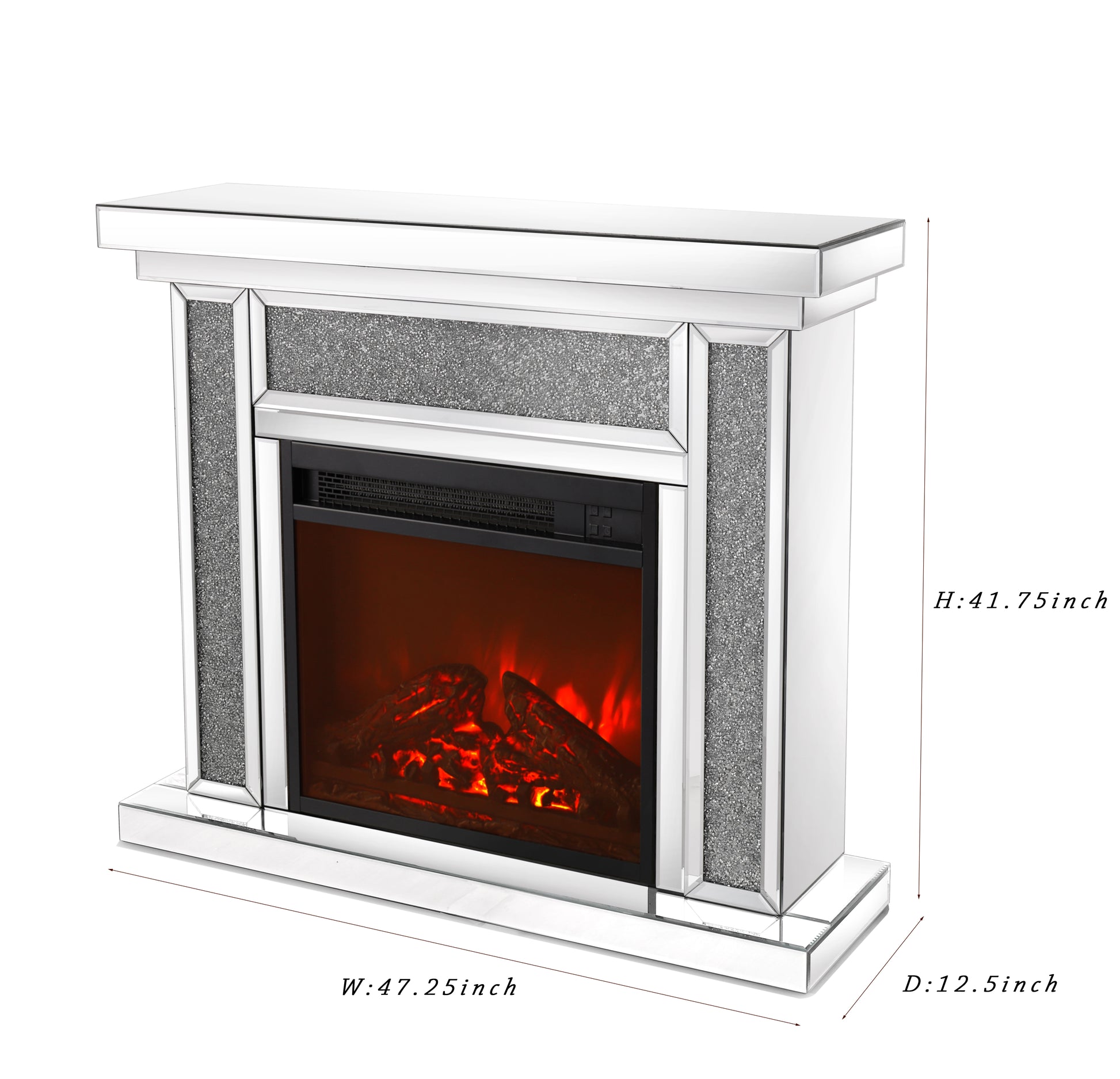 W 47 Inch X D 12.6 Inch X H 41.7 Inch Acrylic Diamond Mirror Mantelpiece, Separate Mantelpiece Built In Filling: Acrylic High Imitation Drill, 1500 W Electric Heating Furnace Powder Coated Electric Primary Living Space Yes Freestanding Electric Up To 40